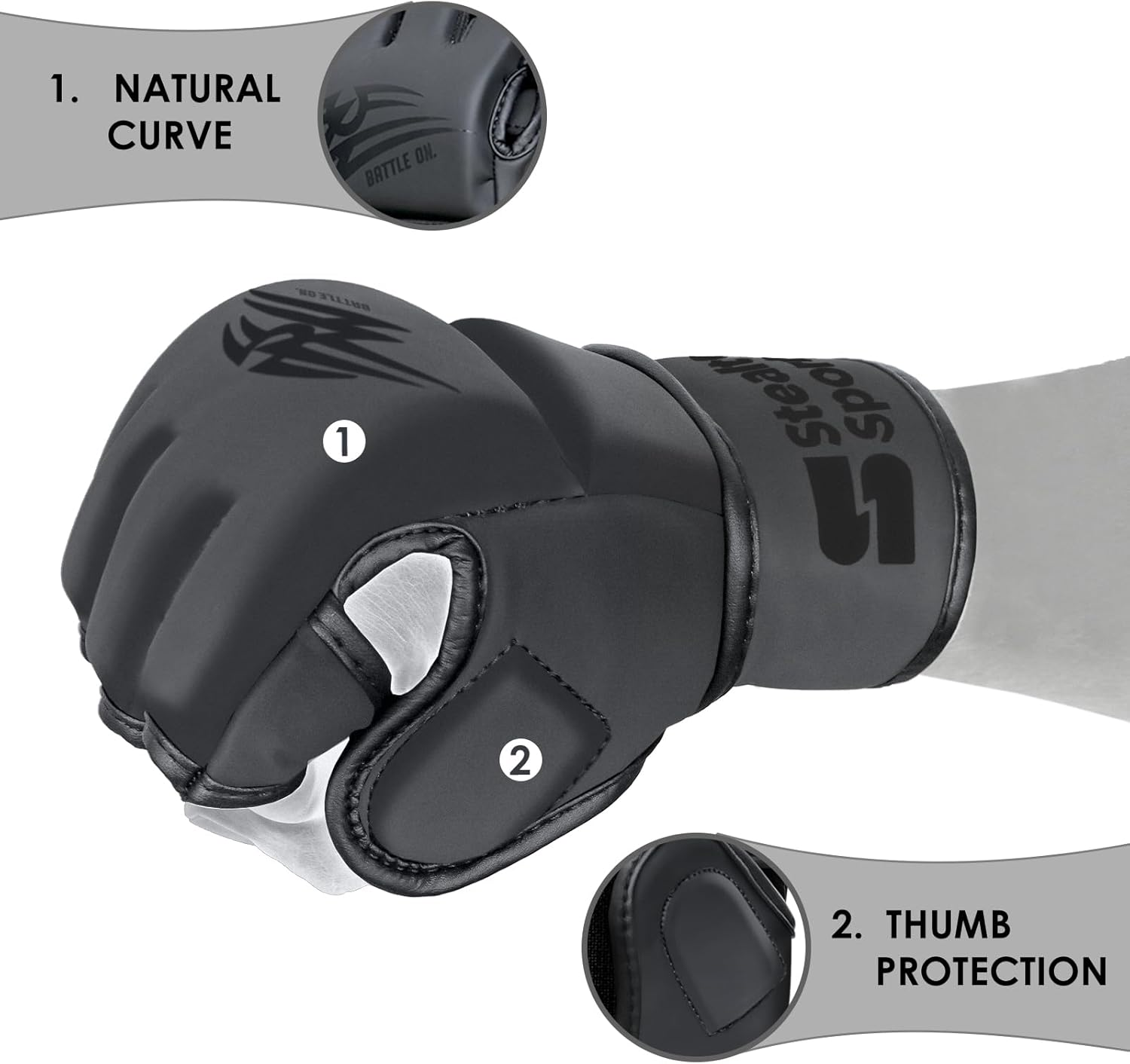 Stealth Sports MMA Gloves Men Women 12Mm Thick - PU Leather Grappling Gloves Open Palm Muay Thai Kickboxing Sparring Punching Bag Boxing Training Cage Fighting Martial Arts Mitts image number 1