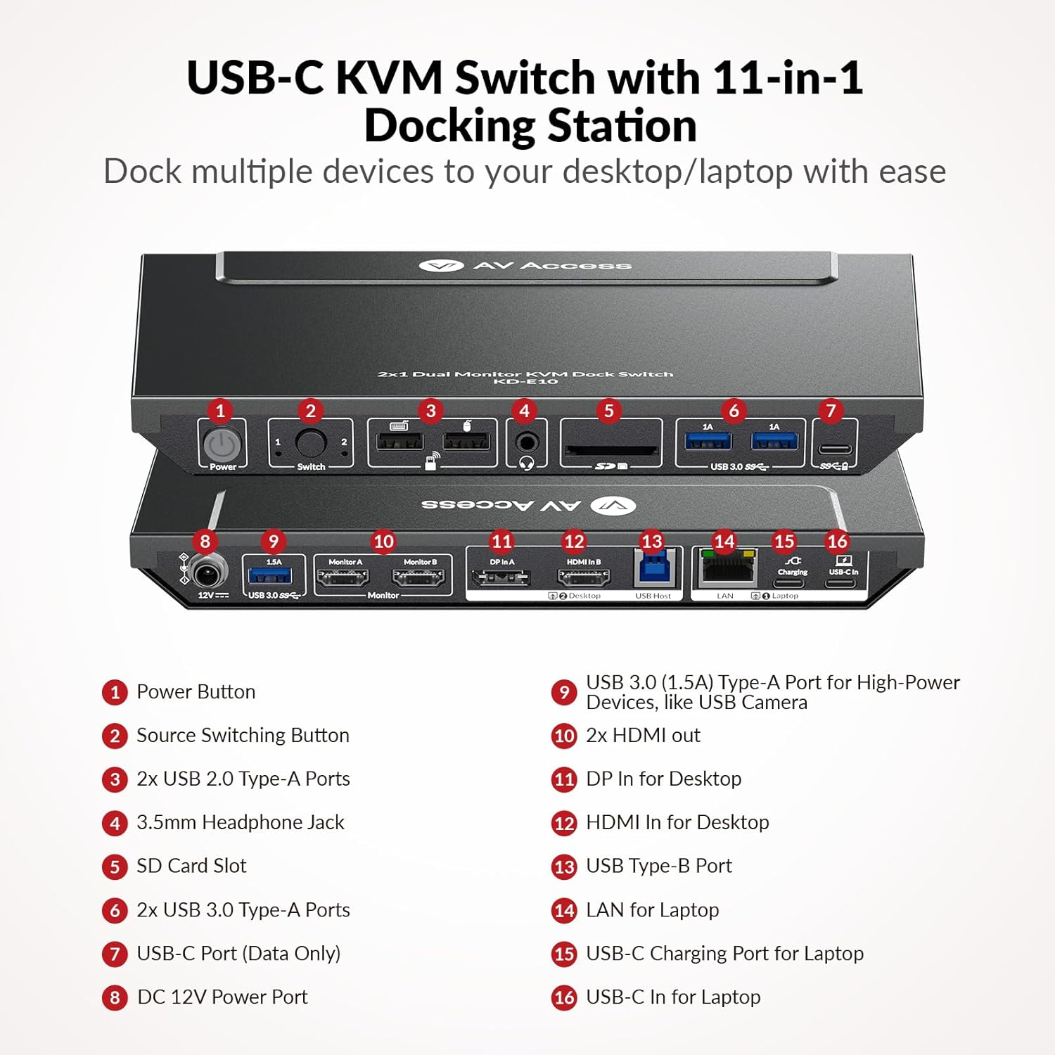Docking Station (With KVM Switch) for Laptop & Desktop | 100W Charging, 4K@60Hz Dual Monitor HDMI, EDID Support, Fast Switcher for 2 Computers, 1G Ethernet, 3Xusb 3.0, USB-C, SD, 3.5Mm AUX Audio - For 1 Laptop 3 Monitors image number 7