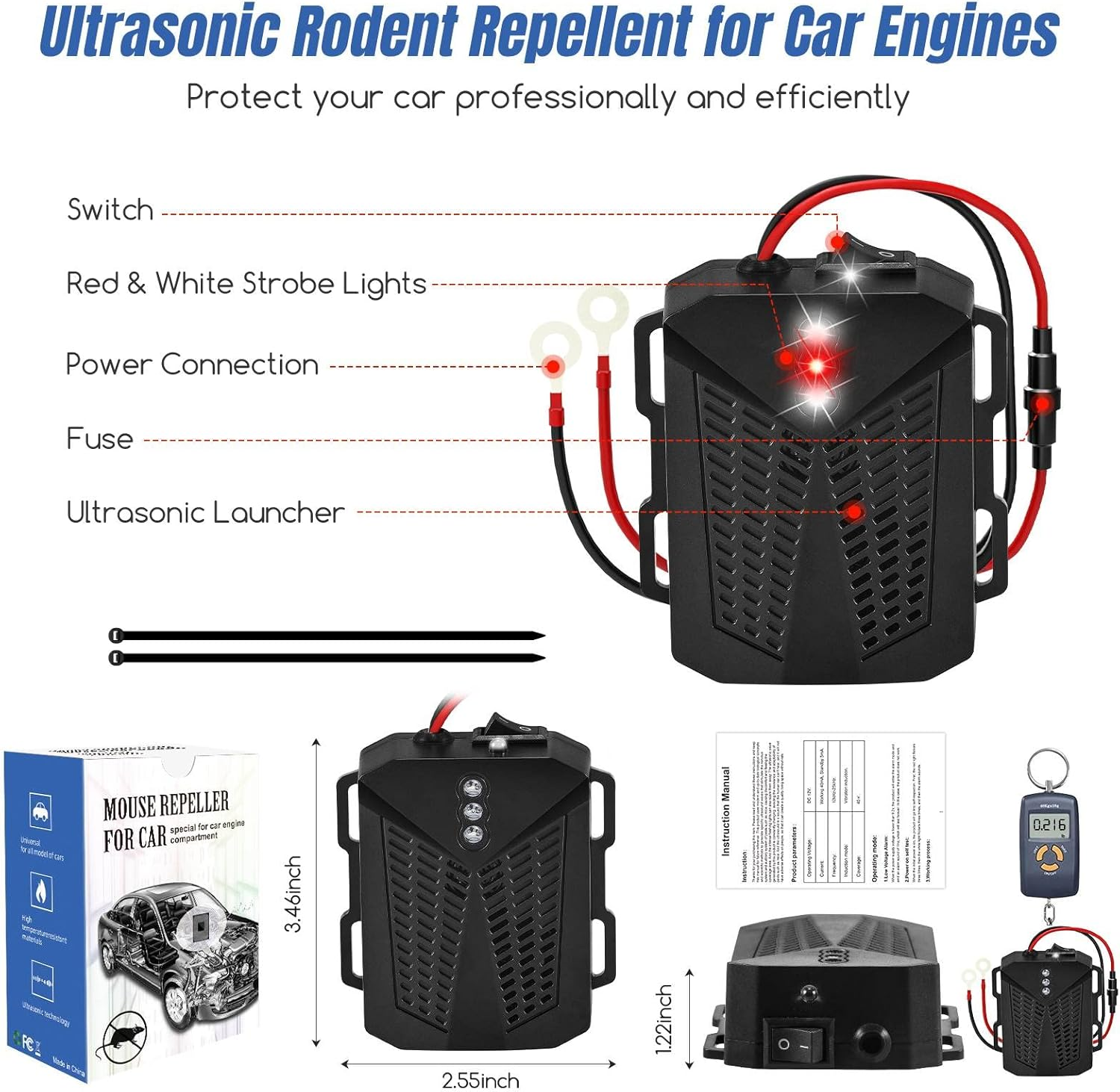 2 Pack Rat Repellent for Car Engines with Two Ultrasonic Modes & Evictor Flashing Lights to Keep Mouse Squirrel Rat Out, Humanized Ultrasonic Pest Repeller under Hood Rat Repeller for 12V Car image number 2