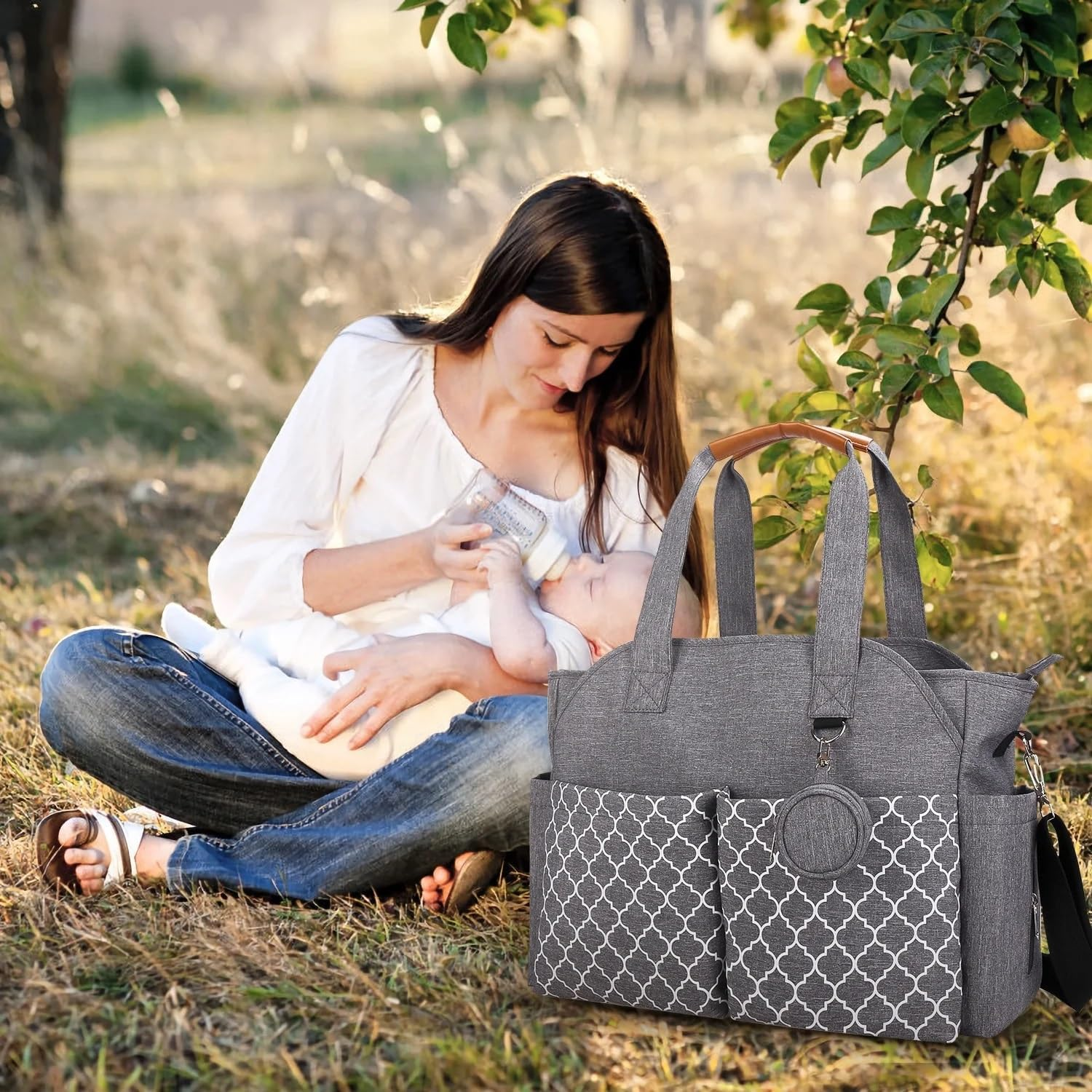 Diaper Bag Tote, Large Baby Changing Bag for Mom, Shoulder Mommy Bag with Pacifier Holder Case and Changing Pad, Baby Multi-Functional Travel Tote Diaper Bag with Adjustable Shoulder Strap, Grey image number 4