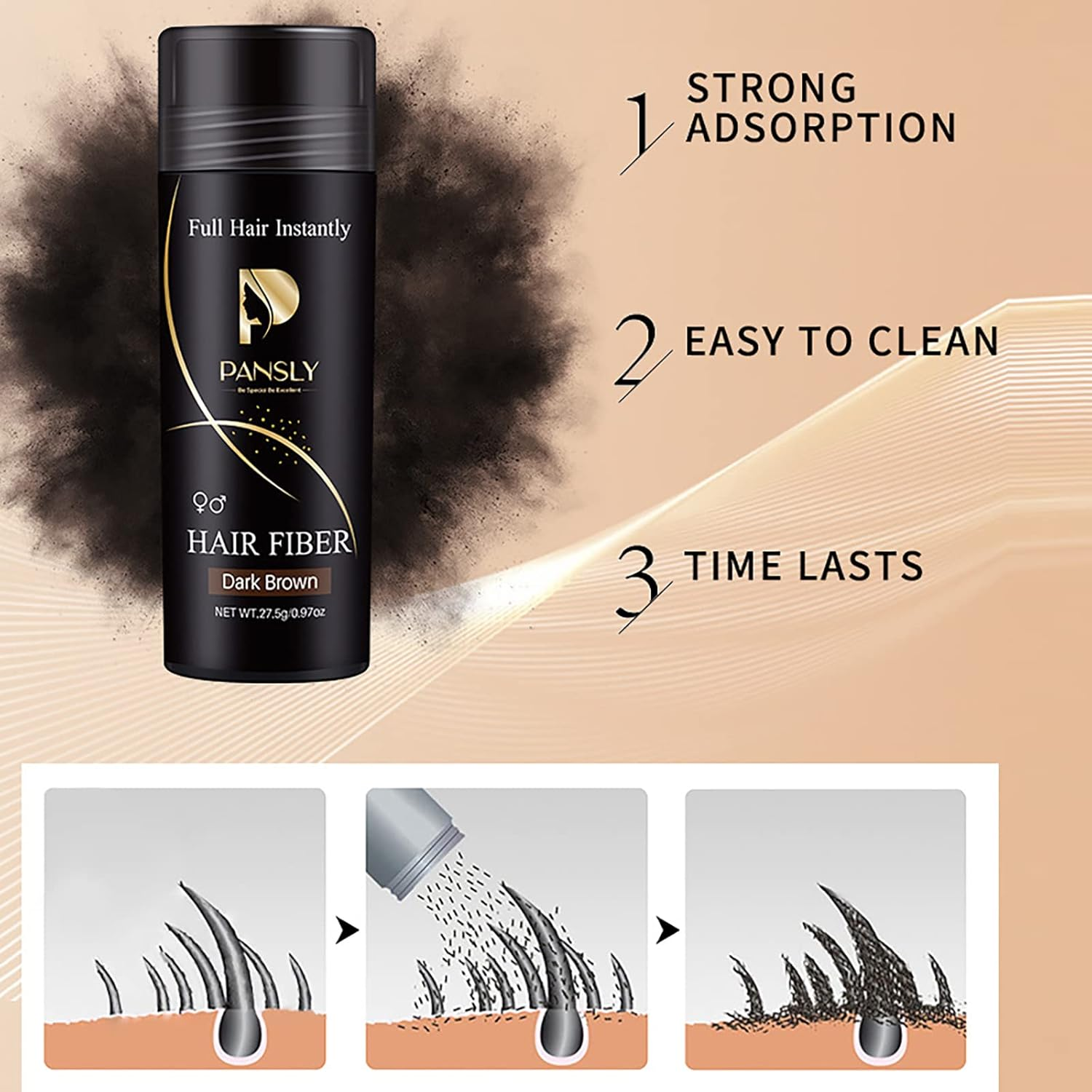 Roseflower 2Pcs Hair Fibers for Thinning Hair, Undetectable Natural Hair Thickening Fibers, Hair Building Fibers for Women and Men, Thicker Fuller Hair Conceals Hair Loss, Dark Brown 27.5G X 2 image number 2