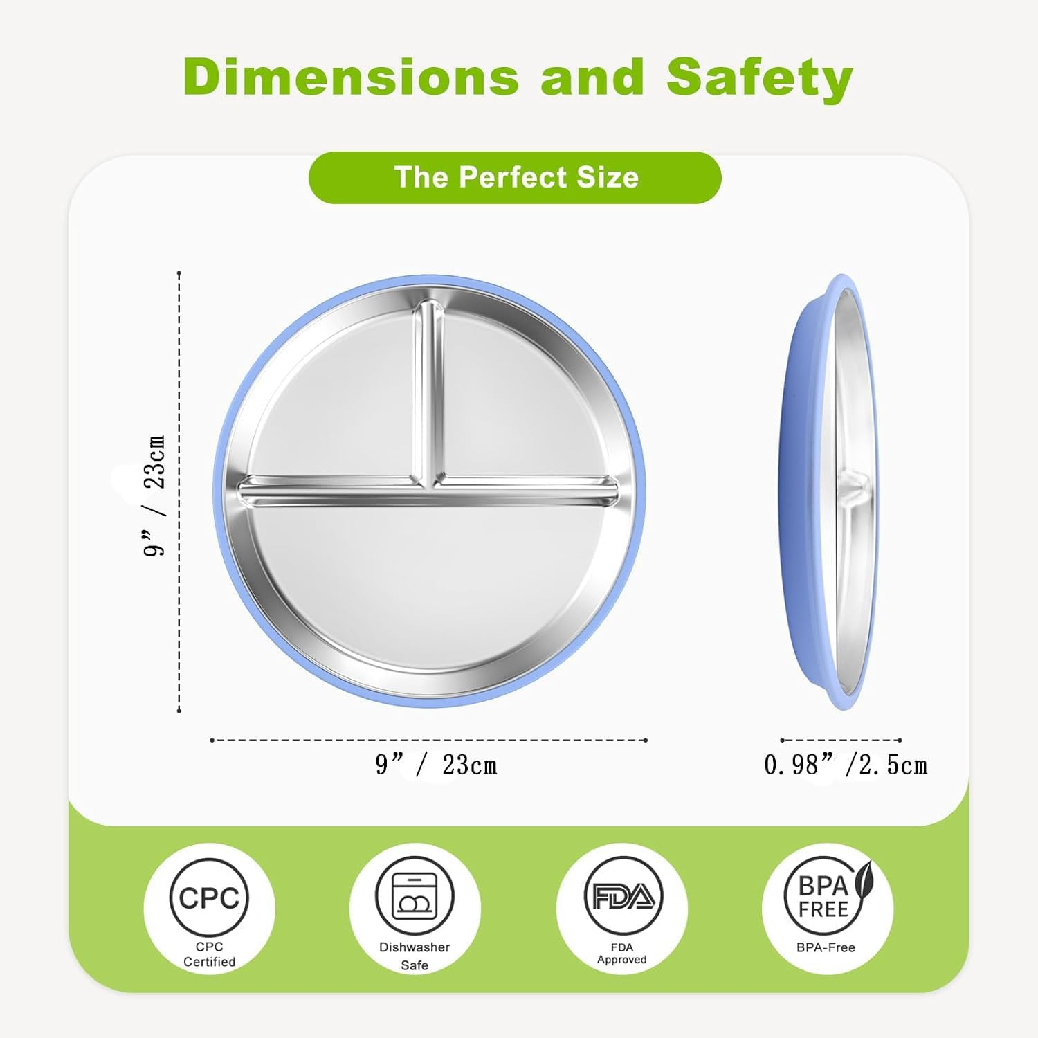 2-Pack Stainless Steel Baby Plates with Suction, 9"/ 23 Cm Divided Bpa-Free Kids Plates, Non-Slip Toddler Plates, (Blue+Pink)