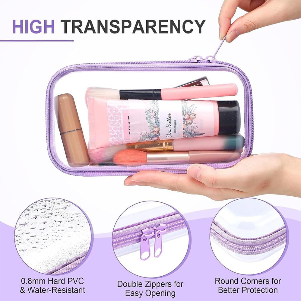 3 Pack Portable Waterproof Cosmetic Bag with Zipper, Small Medium Large Portable Travel Makeup Bag Organizer Bin, Clear Hard Shell Zipper Case for Cosmetic Storage, Putting Snacks(Purple) image number 3