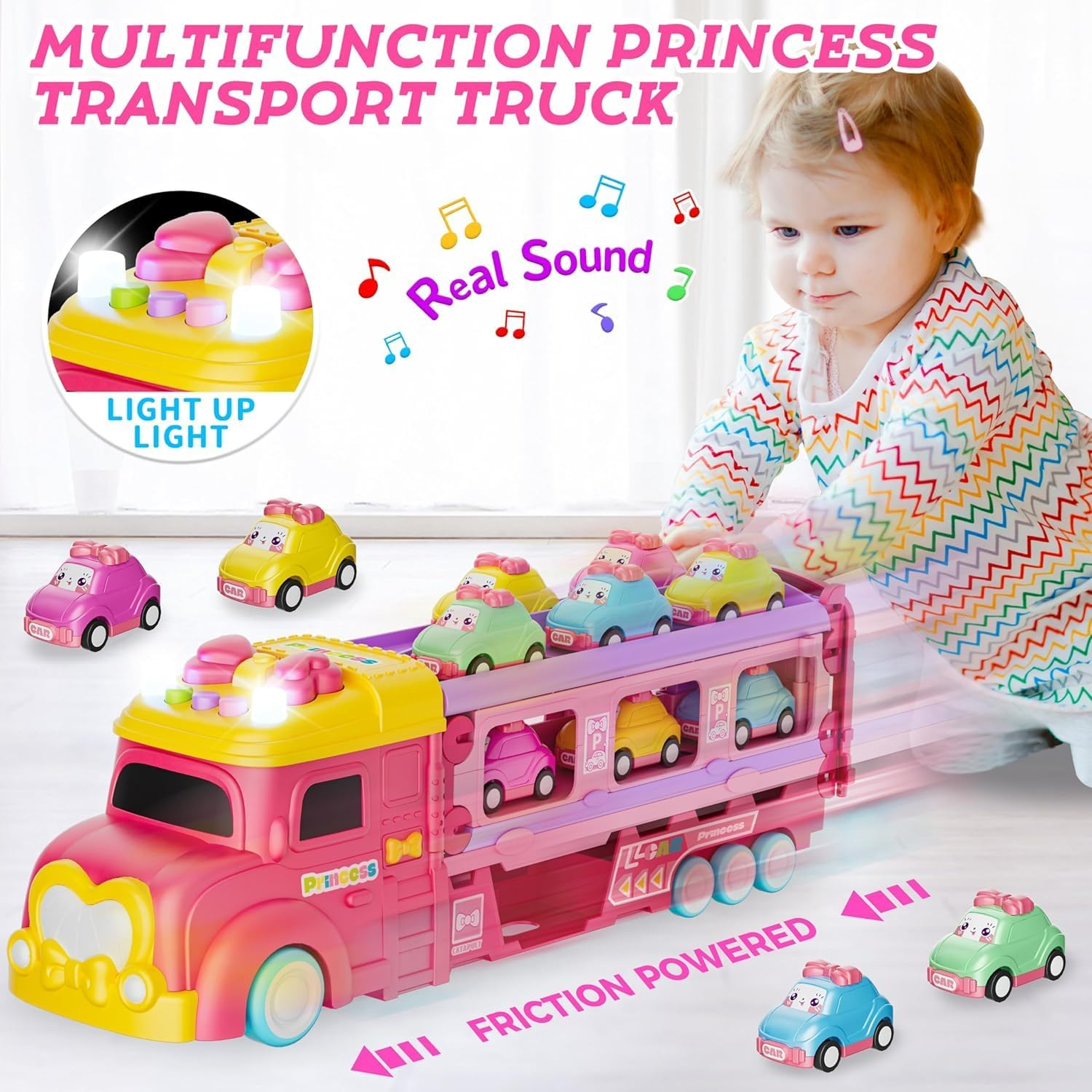 Car Toys for Age 2 3 4 5 6 7 Year Girl Toddler, Foldable Track & 2 Player Race Mode Game, Light & Sound Push Transport Carrier Truck W/ 6 Princess Car, Birthday Gift Idea for Kid image number 1