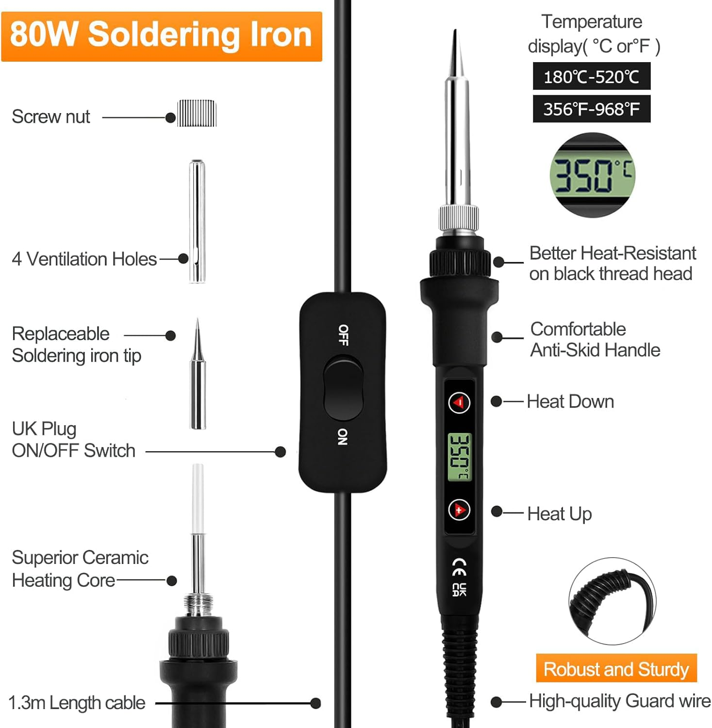 Soldering Iron Kit 80W LCD Adjustable Temperature 180-520&deg;C Electric Welding Tool On/Off Switch, 50G Solder Wire, 5 Soldering Tips, Desoldering Pump, Wire Stripper Cutter, Stand, Tweezers,Tool Case image number 2