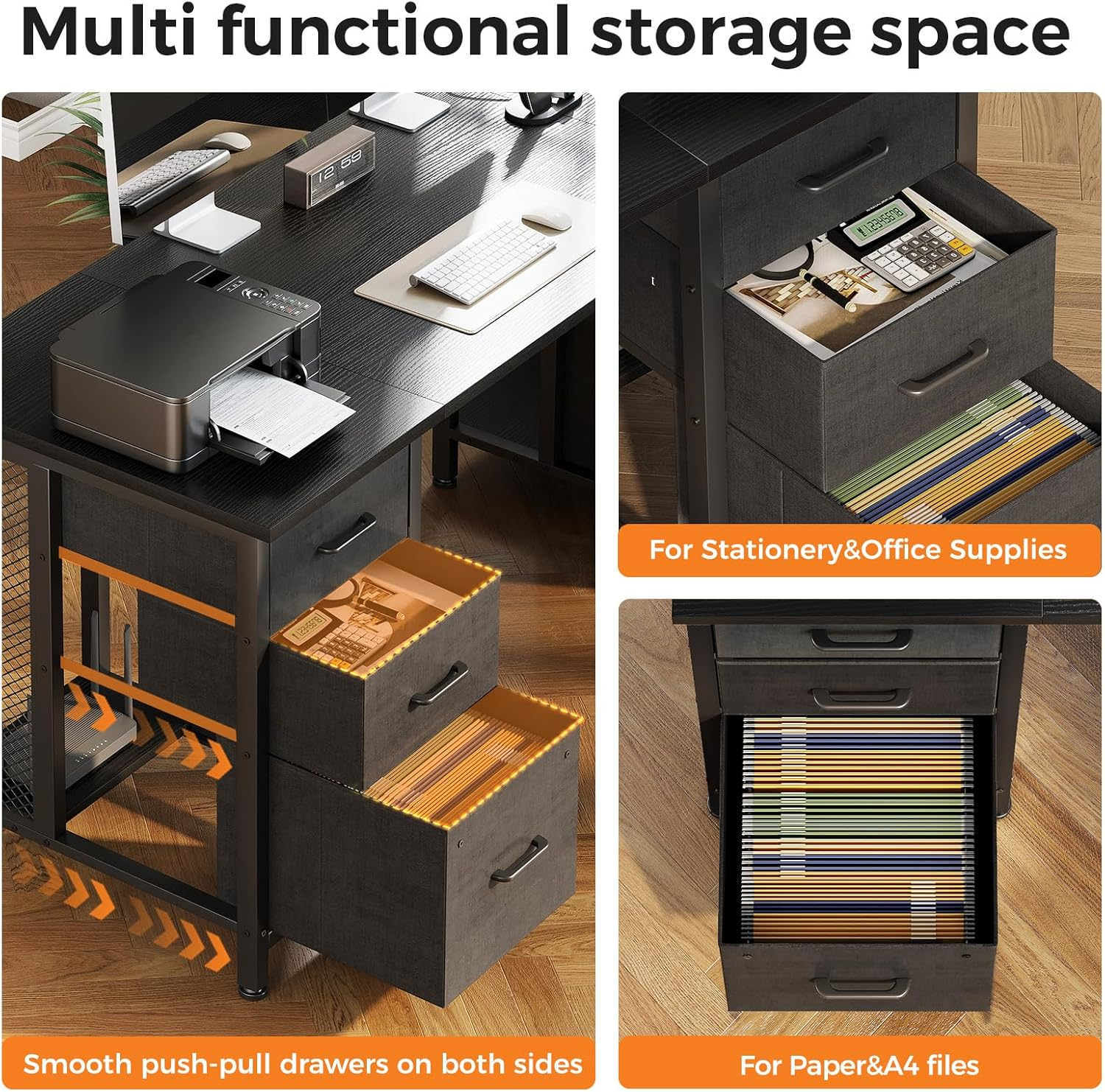 ODK 160Cm Computer Desk with 2 File Cabinets and 4 Fabric Drawers, Home Office Desk with Power Outlets, PC Table with Storage,Study Table for Bedroom Office Gaming,160 * 53 * 76Cm,Black image number 4