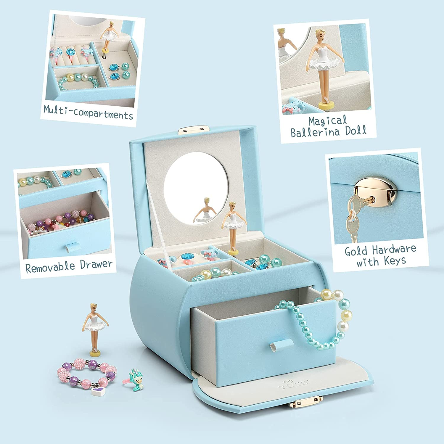 Vlando Musical Jewelry Box for Girls Kids with Drawer, Music Box with Ballerina and Stickers for Birthday Bedroom Decor, Blue - Blue image number 3