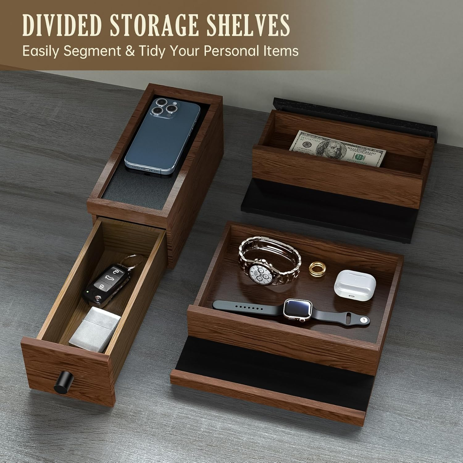 Nihome Handcrafted 3 Tier Wooden Cologne Organizer for Men, Mens Cologne Perfume Stand Organizer Solid Wood W/Hidden Compartments, Multi-Level Storage for Modern Gentleman'S Accessory Organization image number 5