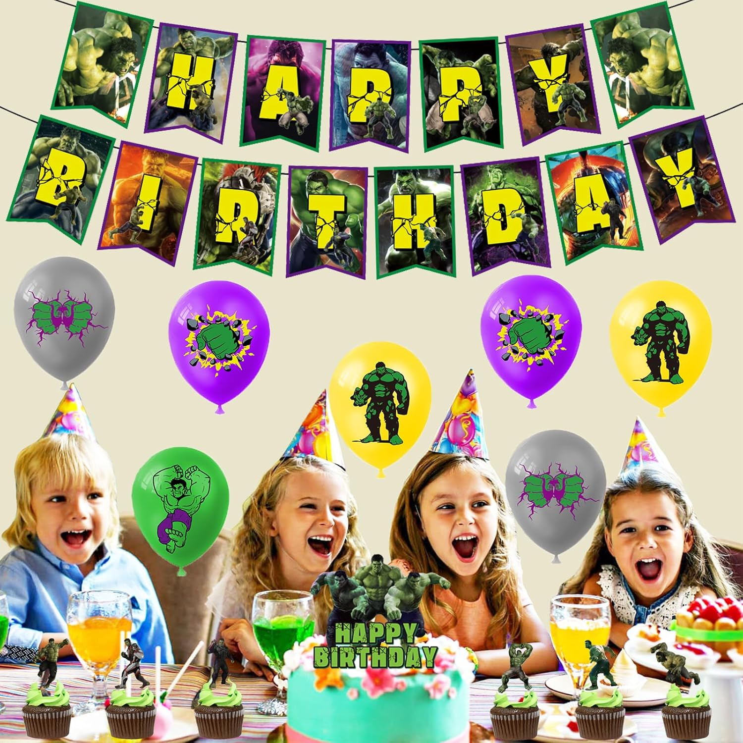 Hulk Birthday Party Decoration - Green Cartoon Balloon, Birthday Garland, Cake Topper