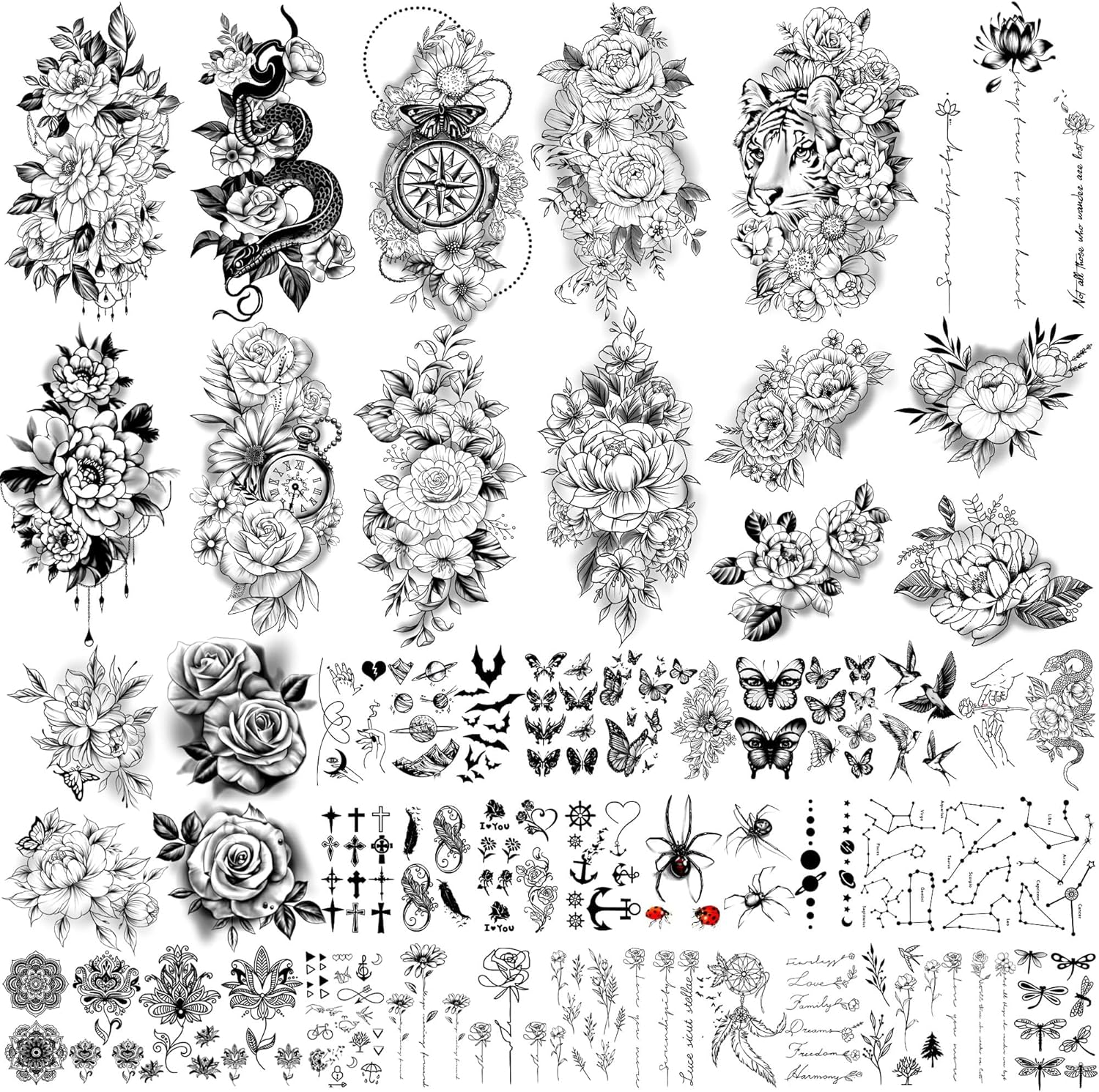 Yazhiji 49 Sheets Large Sexy Flowers Collection Waterproof Temporary Tattoos Lasting Tattoos for Women and Girls.