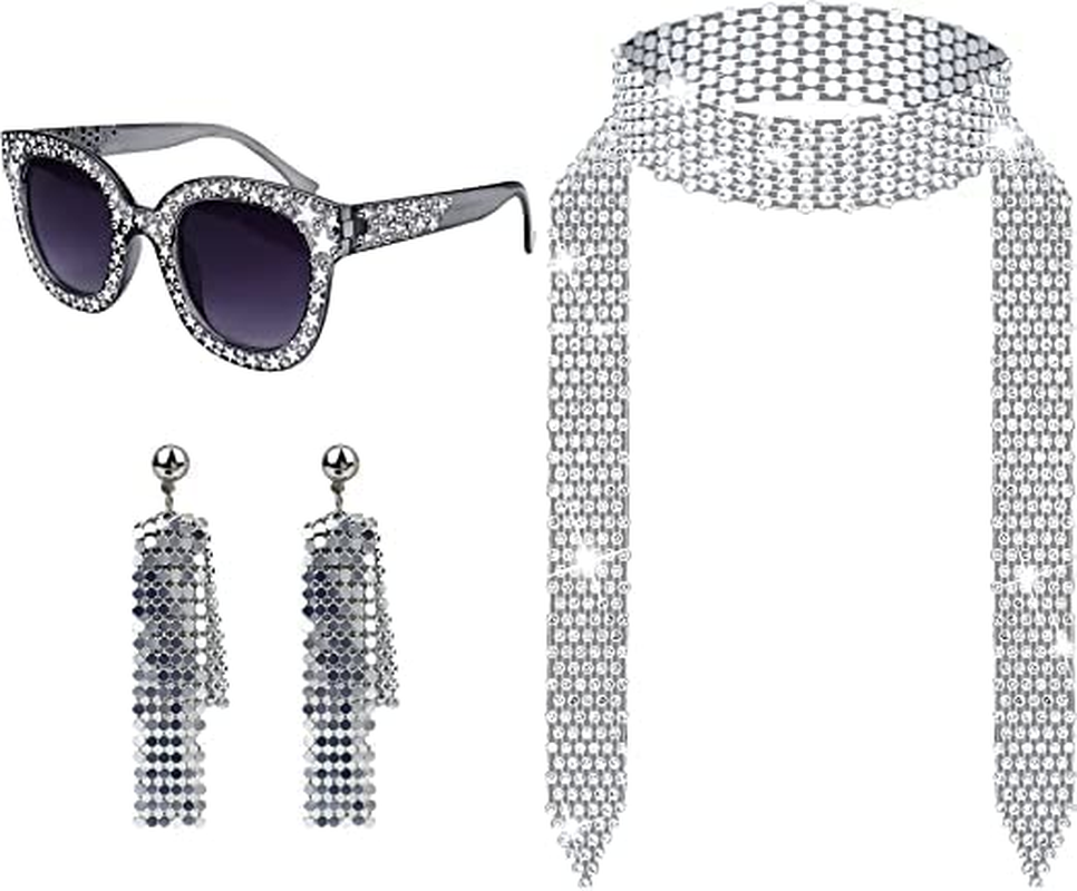 4 Pcs 1970S Disco Costume Set - Accessories, Bling Sunglasses, Long Scarf, Earrings - 70S Women'S Jewellery Sets for Party, Fancy Dress Kit, Retro Cosplay Outfits image number 3