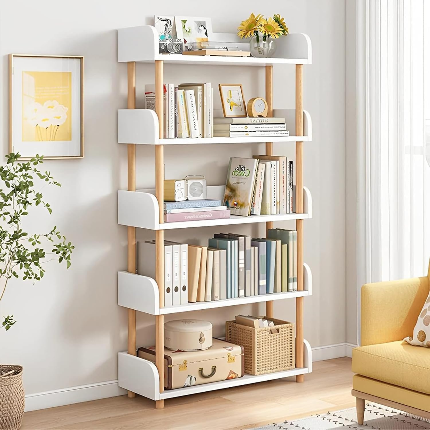 4-Tier Wooden Open Bookcase, Modern Freestanding Bookshelf Organizer with Side Panels, Wood Storage Shelves Display Stand Plant Rack for Home and Office, Storage Cabinet (4-Tier White 60CM)
