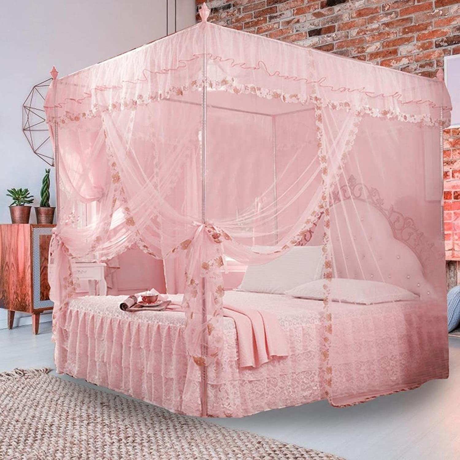 4 Corner Post Mosquito Net, Princess Bed Canopy, Breathable Bed Curtain Full Queen Size Bedroom Decoration #20 (150 * 200 * 200-Pink) - 20 image number 2