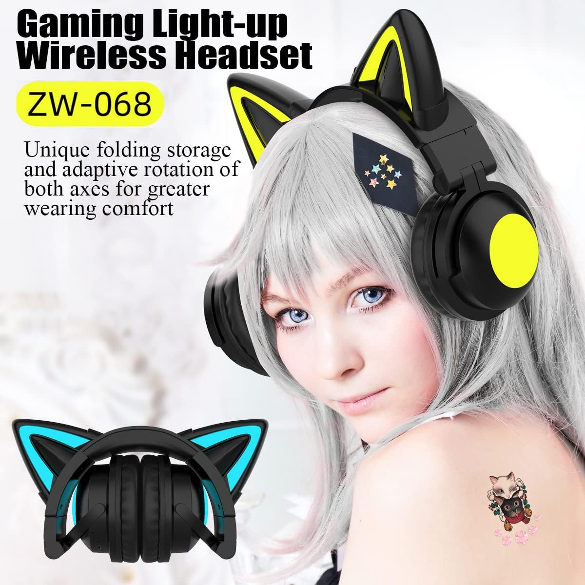Bluetooth Headphones, Cat Ears LED Wireless Gaming Headset Children'S Headphones Bluetooth Stereo Headset Foldable Cat Ears Over-Ear Headsets with Adjustable Microphone for Smartphones/Laptop/Tablet image number 4