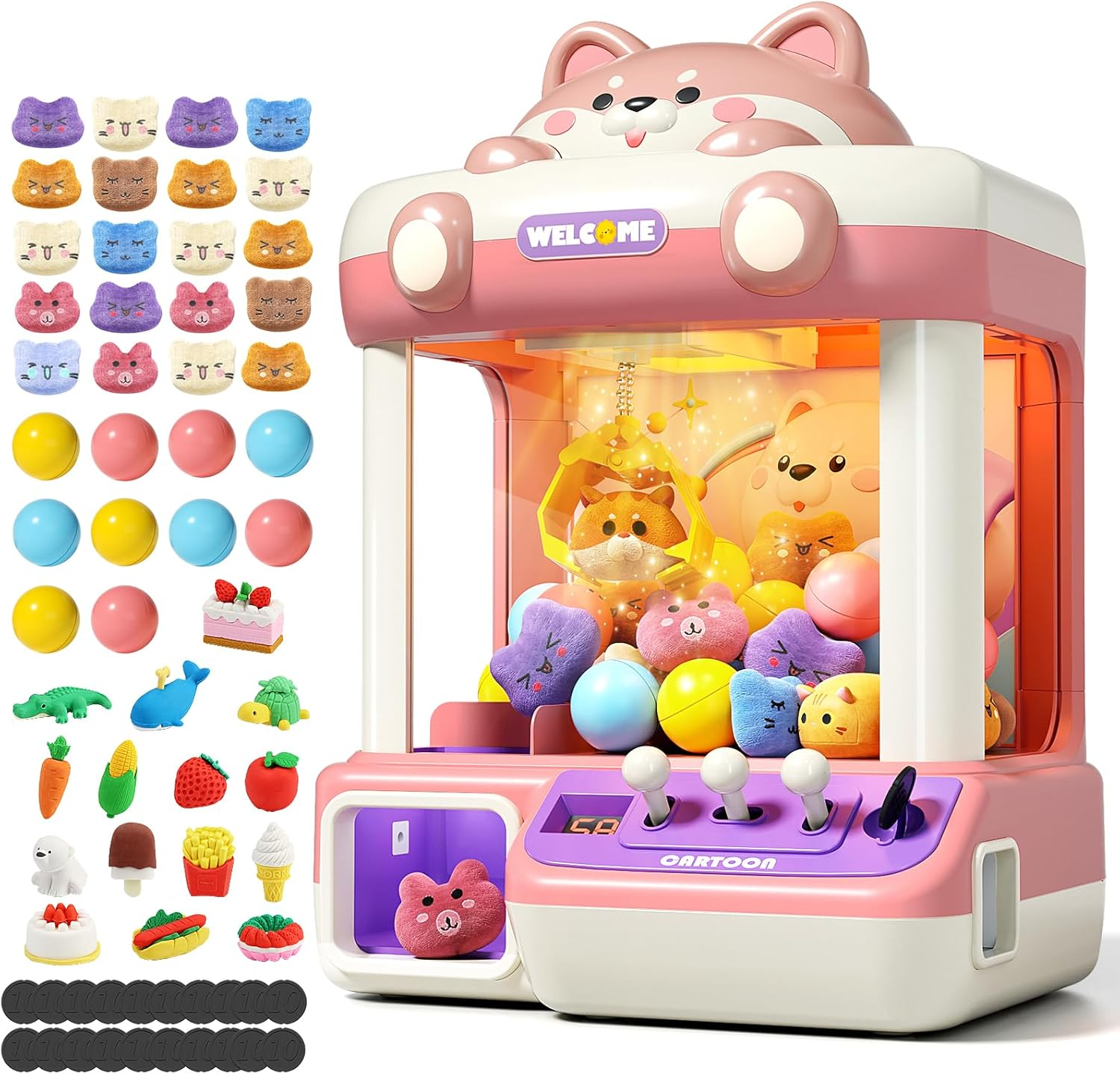 Jovow Claw Machine for Kids, Mini Vending Machine with Music, Prize Dispenser Toys for Girls and Boys, Electronic Claw Game Machine for Party Birthdays, Includes 45 Mini Toys (Large)