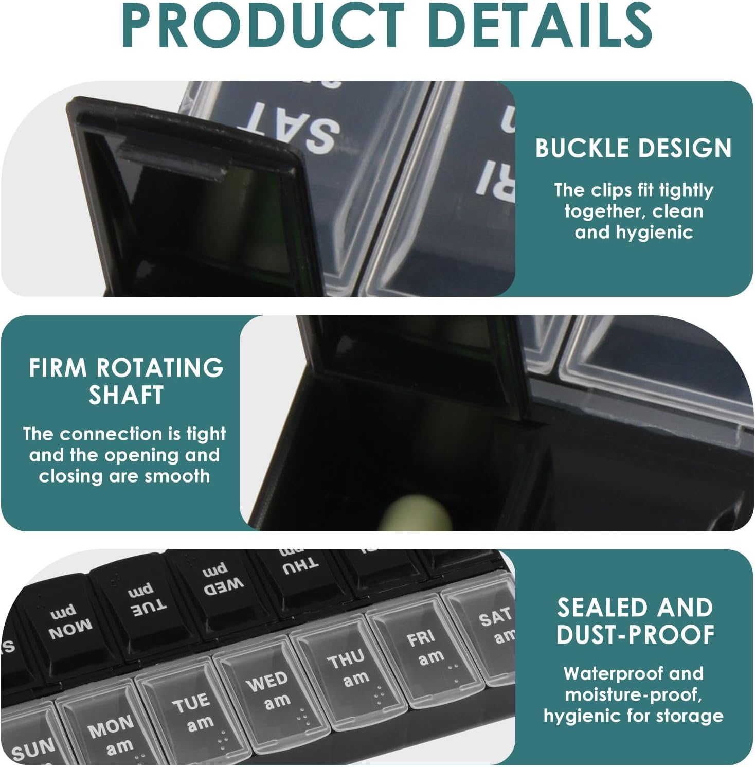 Weekly Pill Organizer, 7 Day Pill Organizer 2 Times a Day, Day Night Medicine Organizer, Pill Box with Simple Button Design for Pills/Vitamins/Fish Oil/Supplements, Black and White image number 6