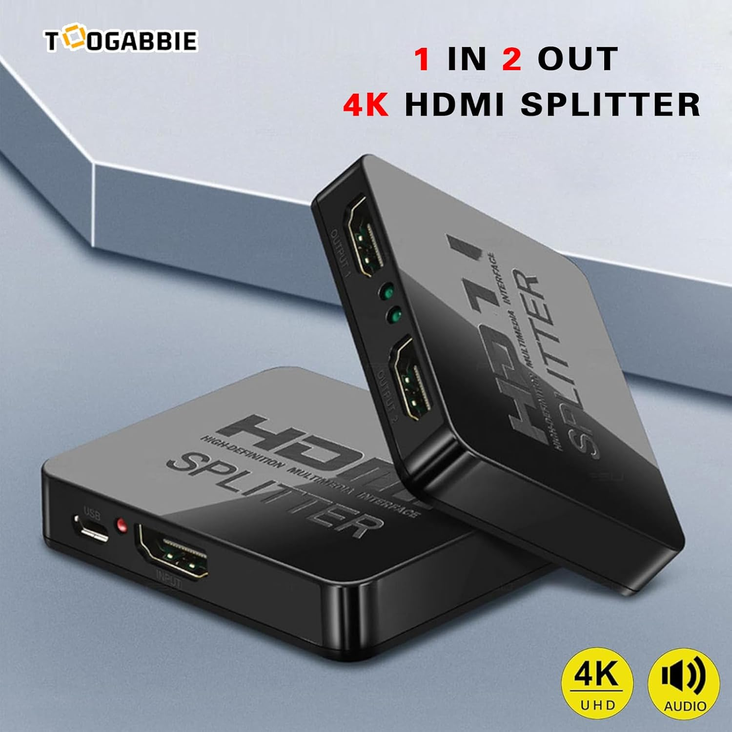 TOOGABBIE 4K HDMI Splitter 1 in 2 Out【With 1.2M HDMI Cable 】 for Dual Monitors Mirror Only, 1X2 HDMI Splitter 1 to 2 Amplifier for Full HD 1080P 3D image number 2