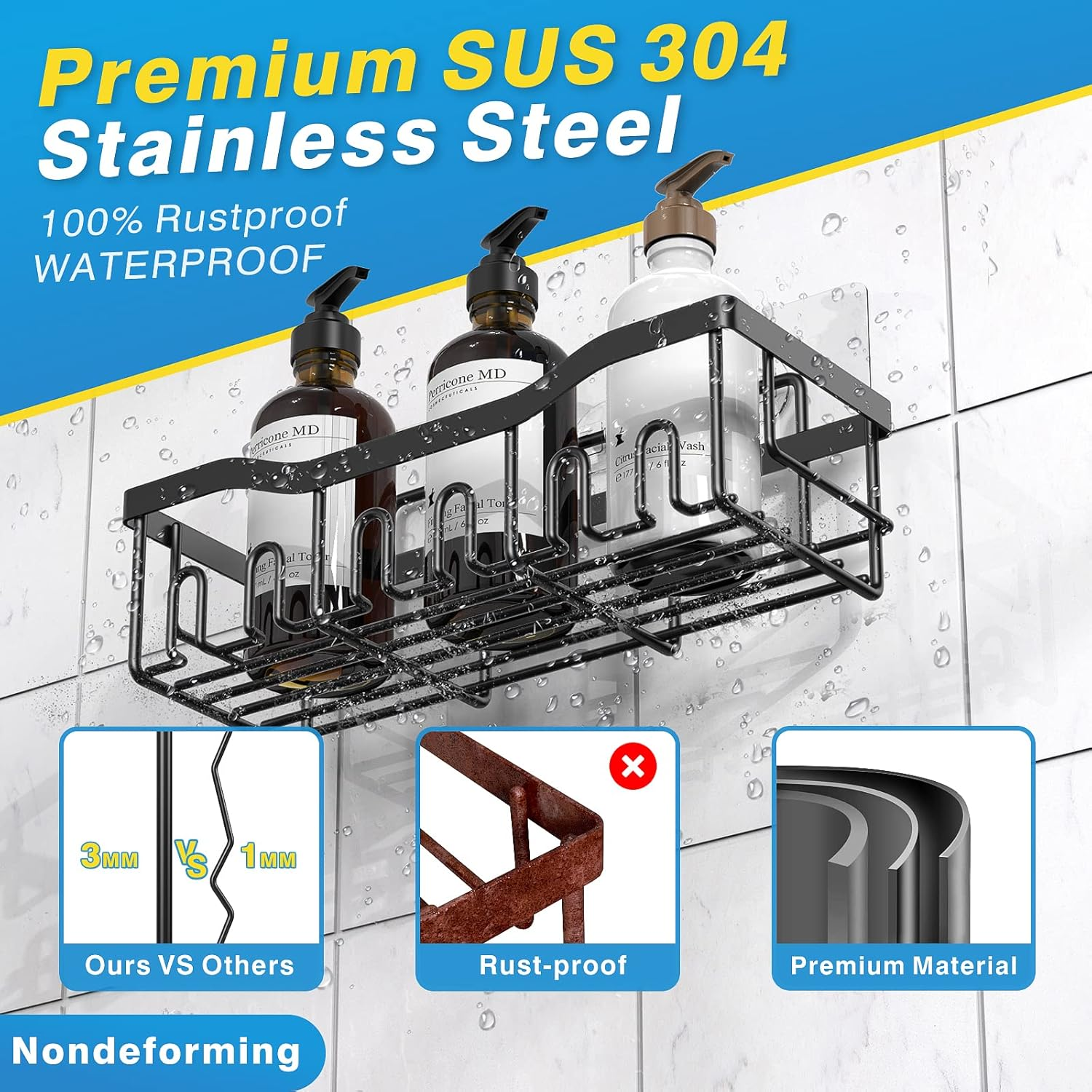 Shower Caddy 2 Pack,Adhesive Shower Organizer for Bathroom Storage&Home Decor&Kitchen Organizers and Storage,No Drilling,Large Capacity,Rustproof Stainless Steel Bathroom Organizer,Bathroom Decor Sets - Black image number 6