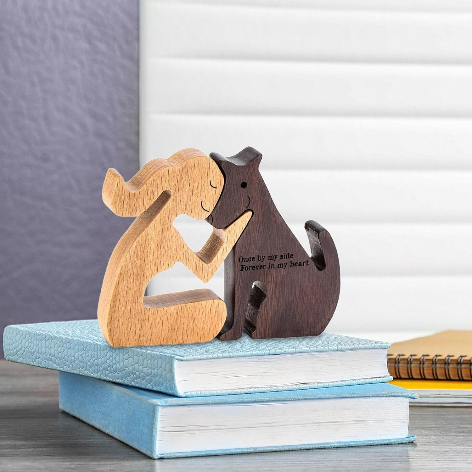 Folpus Wooden Man Dog Carving Model Man and Dog Wooden Statue Remember Friendship Hand Carved Wood Dog Human Statue for Dog Lover image number 3