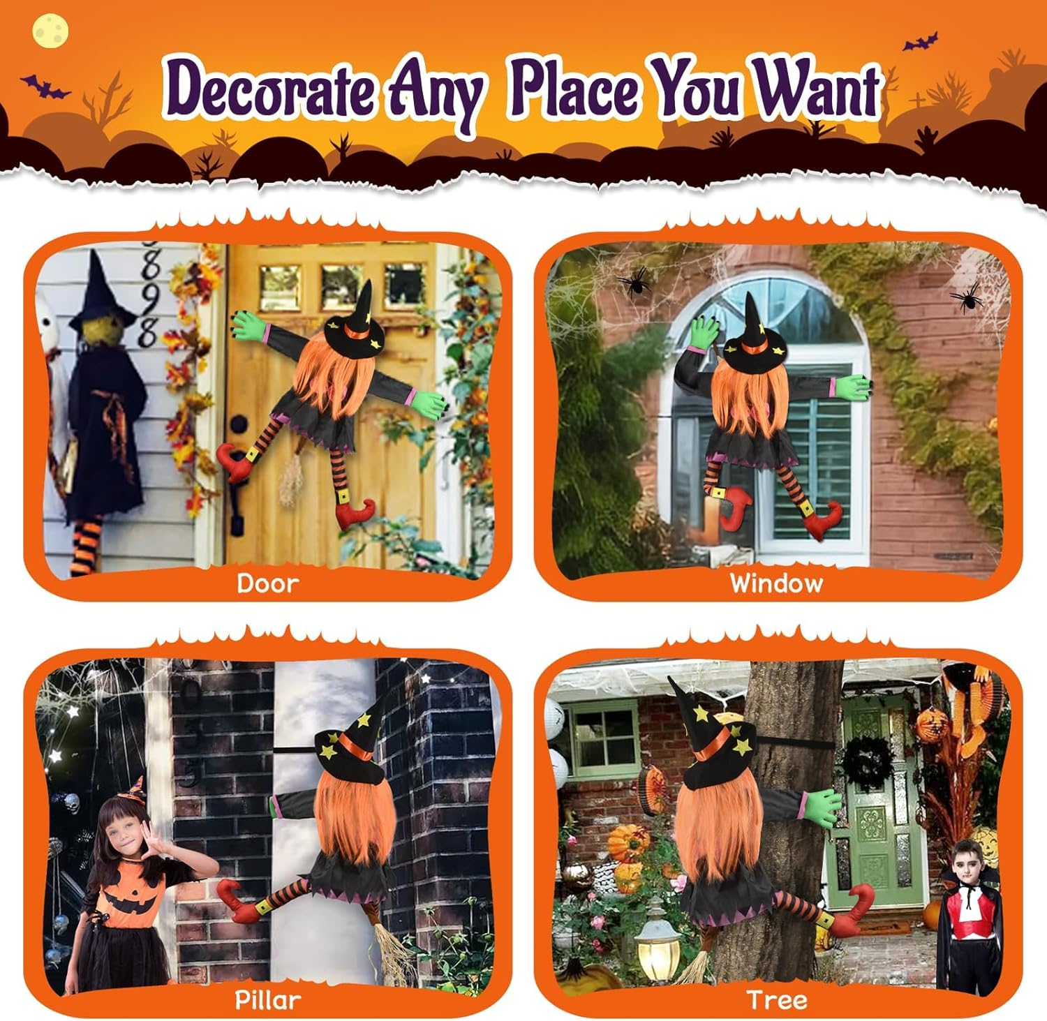 ZATMRA Crashing Witch Halloween Decorations Outdoor: Halloween Crashed Witch into Tree Hanging Props outside Ornaments Halloween Funny Cute Flying Crashed Witches for Door Porch Pole Garden Yard Decor image number 2