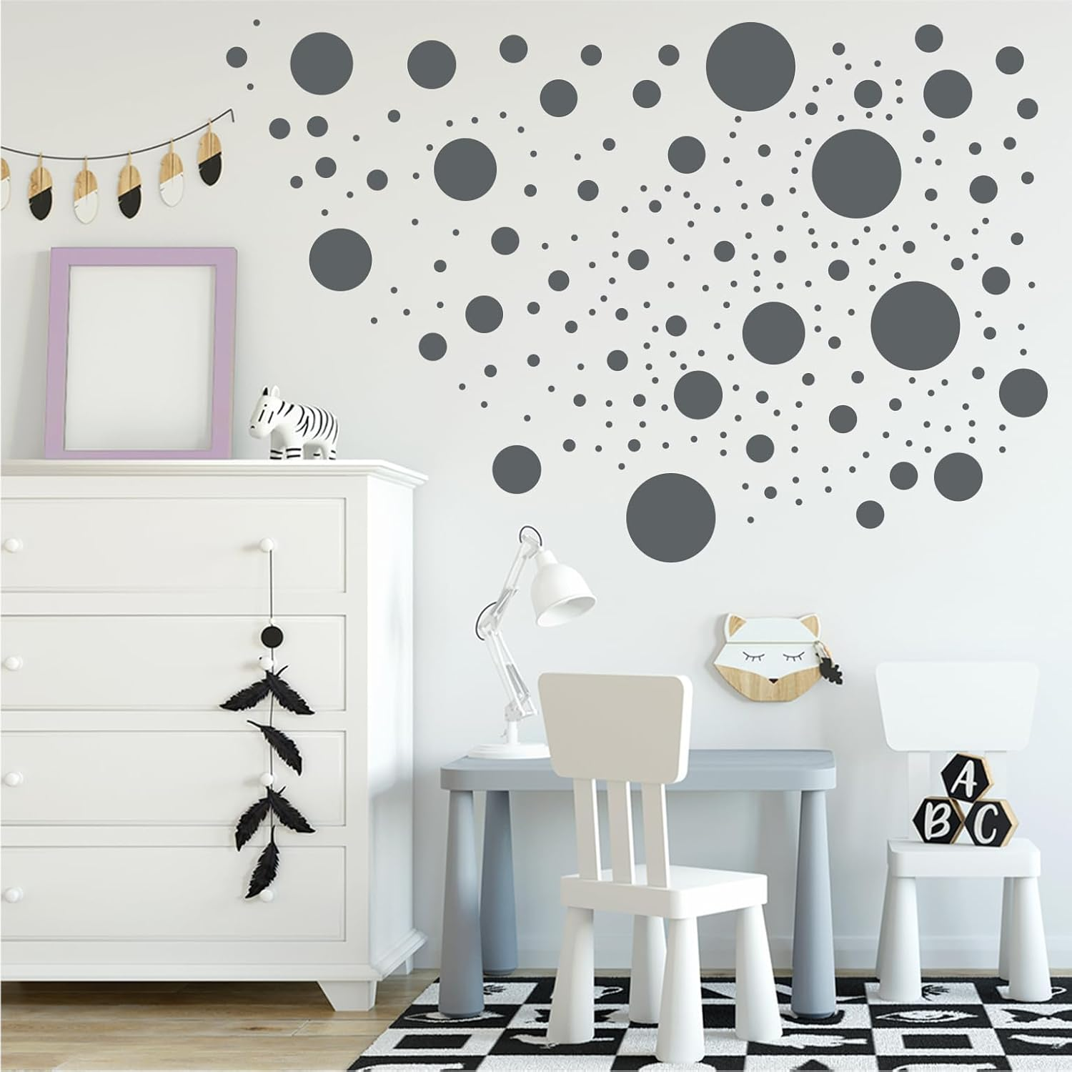 Stickerdeen 500+ Assorted Polka Dot Circle Wall Stickers for Kids Bedroom Living Room, Classroom, Playroom Decor Removable Vinyl Wall Stickers Dots Wall Decals (Grey) image number 6