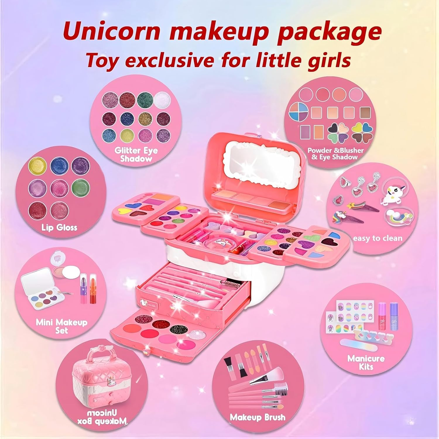 Girls Makeup Kit for Kids, 72 Pcs Washable Real Cosmetic & Pink Travel Cosmetic Case, Non-Toxic Make up Set Toys Toddler Makeup Kit, Princess Dress up Kit Christmas & Birthday Gift for 3-12 Age Girl - Pink image number 2