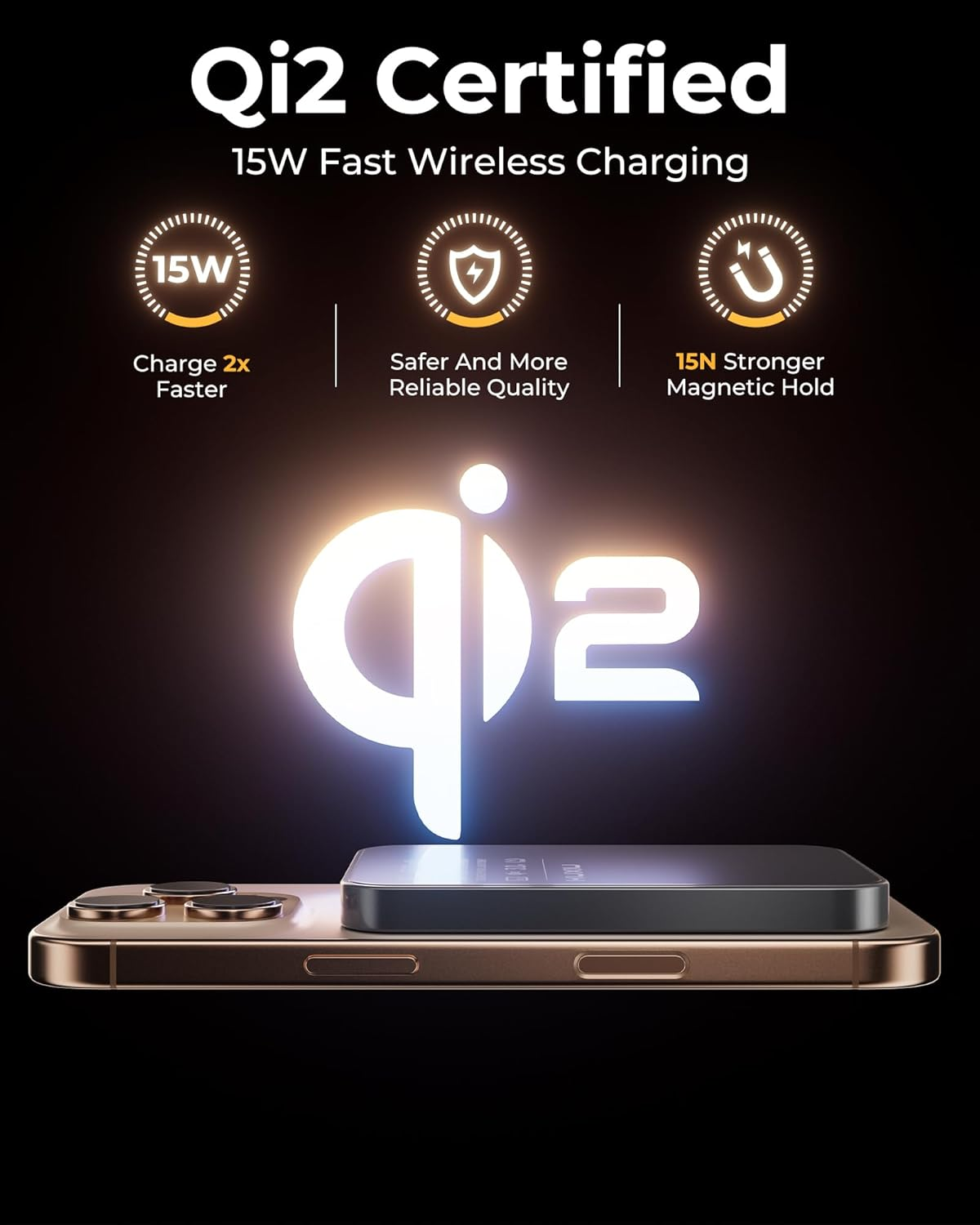 KU XIU S2 Solid-State Magnetic Wireless Power Bank 5000Mah, Qi2-Certified 15W Fast Charging Portable Battery Pack, High Energy Density & Safe Design, Travel-Friendly Wireless Charger for Iphone 17&ndash;12 - Black image number 3