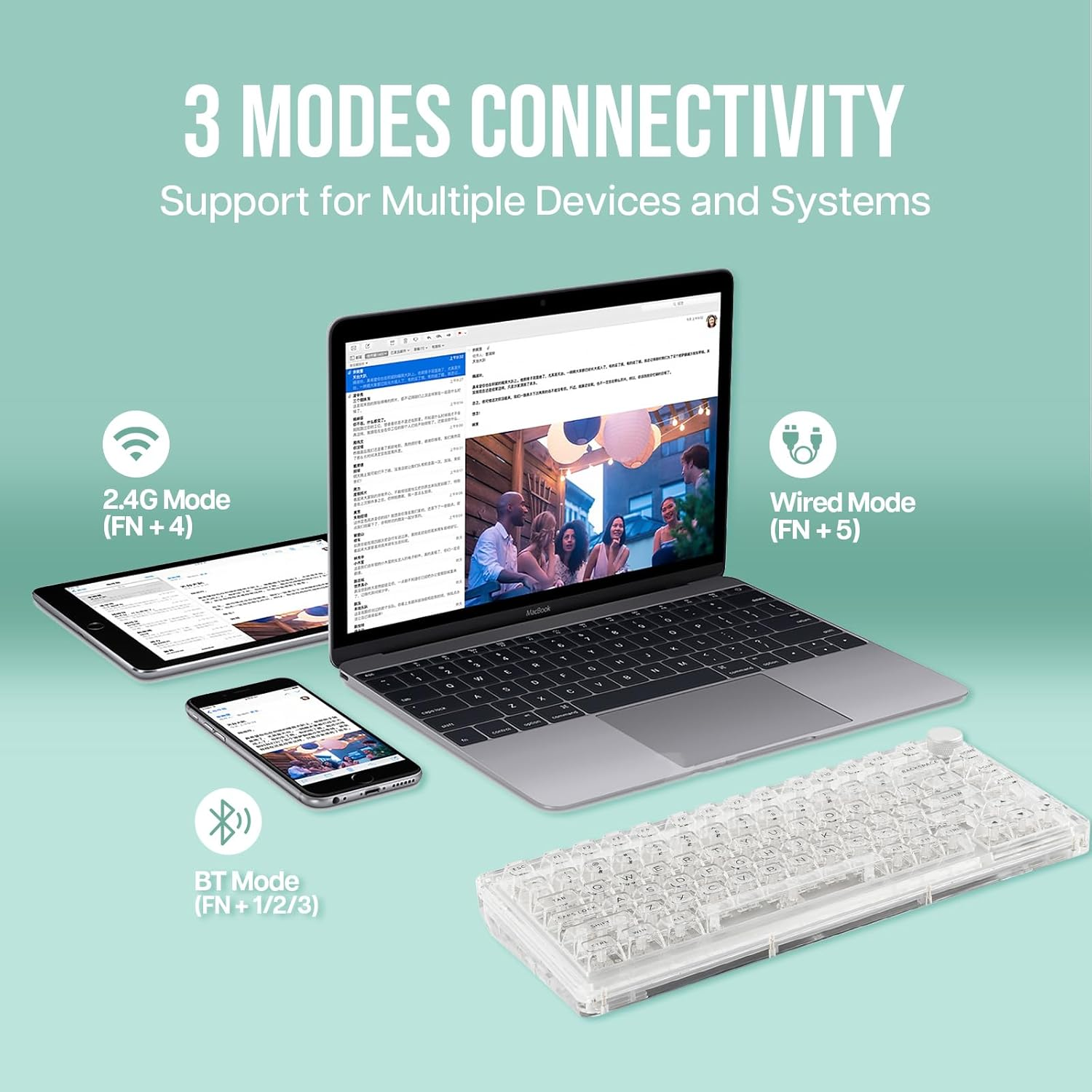 Kiiboom Phantom 81 75% Transparent Mechanical Gaming Keyboard, Hot Swappable Custom Gasket Keyboard with RGB Backlit, Clear Keycap, Rechargeable Battery, Triple Mode for Win/Mac (Phantom 81 V3 Clear) - Phantom 81 V3 Clear image number 4