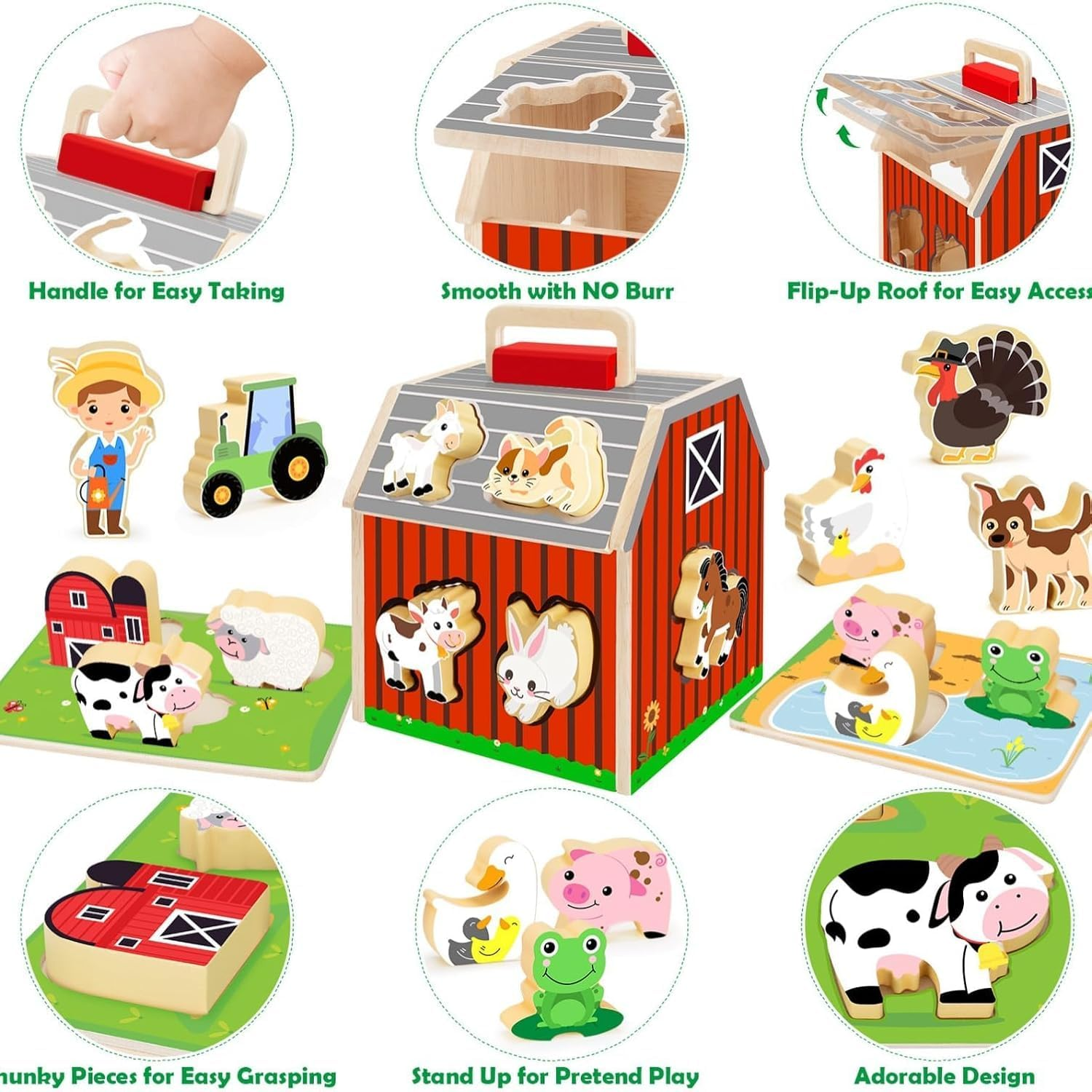 Wooden Farm Animals Shape Sorter Toys, Take-Along Sorting Barn Toy with Baby Chunky Puzzles, Montessori Shape Sorting Learning Toys for Fine Motor Games for Toddlers Kids Ages 2+ image number 2