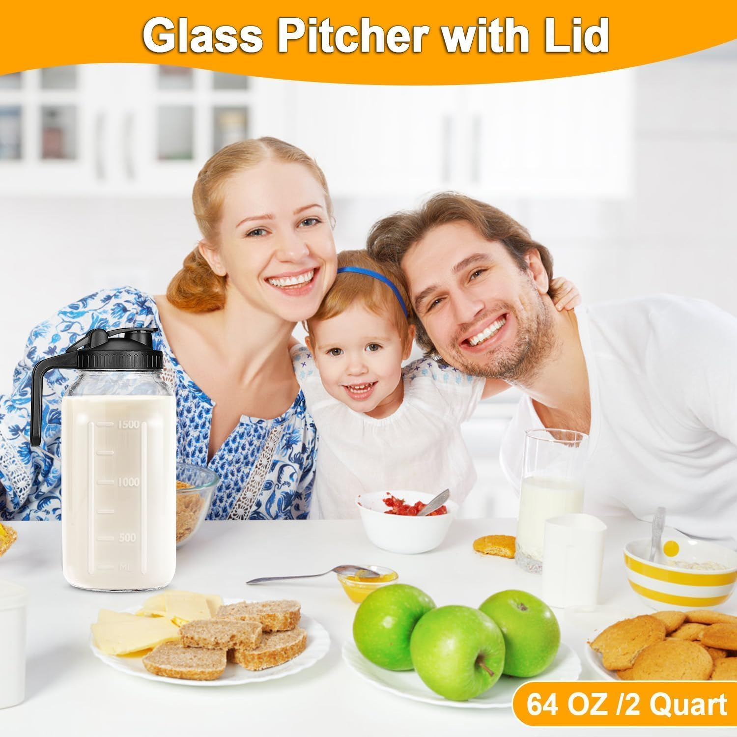 Mason Jar Pitcher,64Oz/2 Quart Wide Mouth Glass Pitcher with Airtight Seal Lid and Spout,Ice Tea Pitcher Nice for Milk, Cold Brew Coffee,Iced Tea,Fruit Tea image number 4