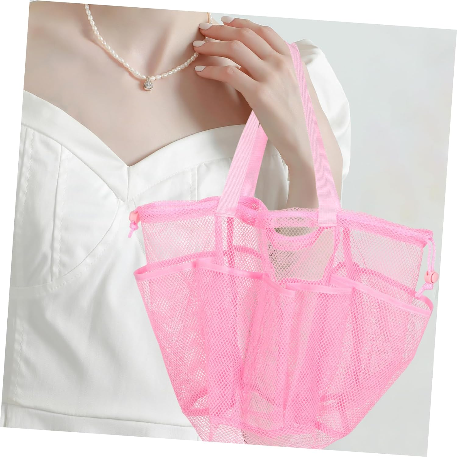 CALLARON Portable Mesh Storage Bag Cute Toiletry Bag Mesh Drawstring Pockets for Travel Makeup Beach Swimming and Daily Essentials Organizer image number 1