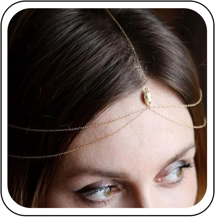 Tseenyi Layered Chain Forehead Headband Gold Chains Head Chain Multilayer Tassel Head Chains Hair Fashion Crystal Pendant Hair Accessories Layered Fringe Forehead Hair Accessories Headband image number 2