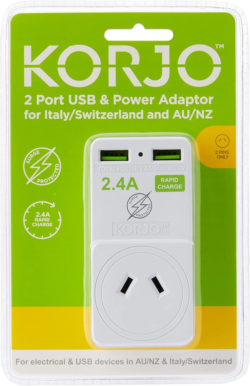 Korjo 2 Port USB-A & Power Adaptor - EU (Italy & Switzerland), White