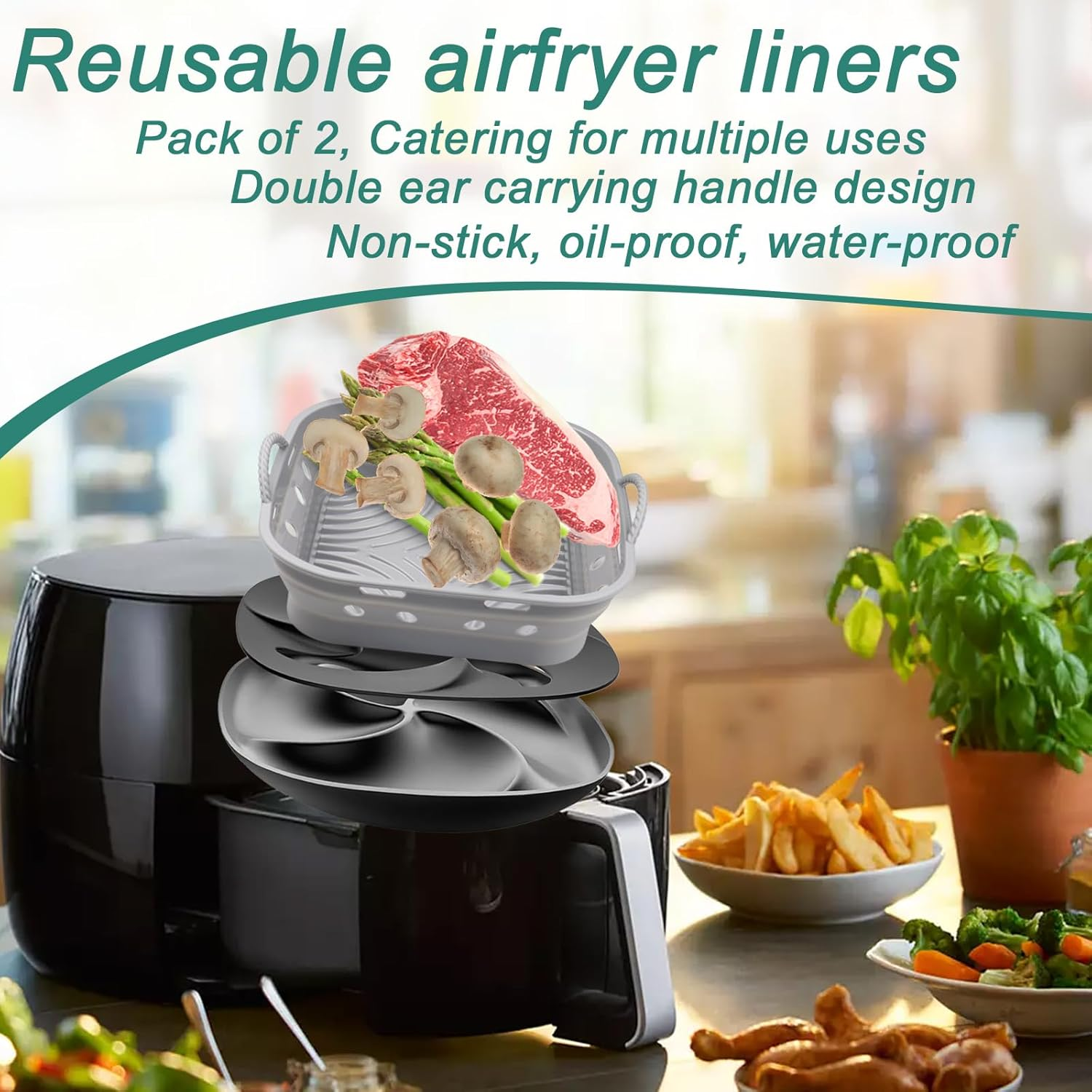 Marakruki 2Pcs Silicone Air Fryer Liners, 21.6 * 6Cm Square Reusable Air Fryer Silicone Liners with Air Flow Holes, Bpa-Free Silicone Liners for Air Fryer/Oven, Silicone Baking Accessories image number 2