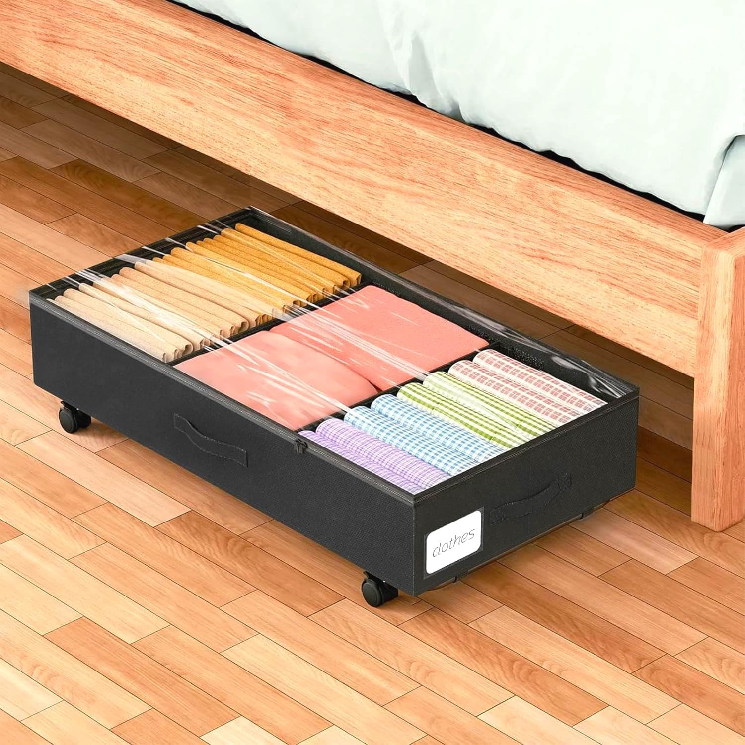 Under Bed Storage Containers with Dividers & Clear Lids, under Bed Storage with Wheels,Which Can Hold Clothes, Shoes, Toys (Black) - Grey image number 2