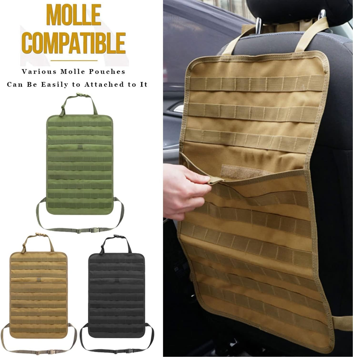Molle Seat Back Organizer,Universal Tactical Car Back Seat Organizer Bag Vehicle Organizers Panel Protector Organizers with 5 Detachable Pouches for Car Truck Jeep Vehicle (Black) image number 2