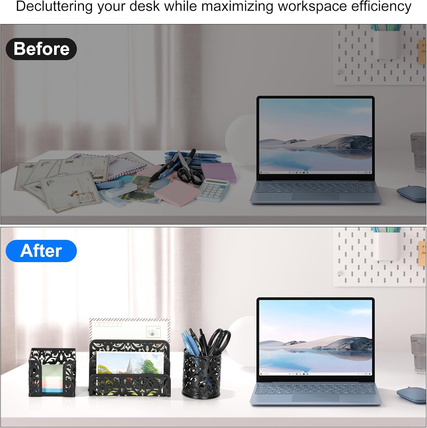 Easypag Desk Organizers and Accessories 3 Pieces Office Organizer Set - Pen Holder for Desk, Mail Sorter Countertop and Sticky Note Holder, Black - Gold image number 2