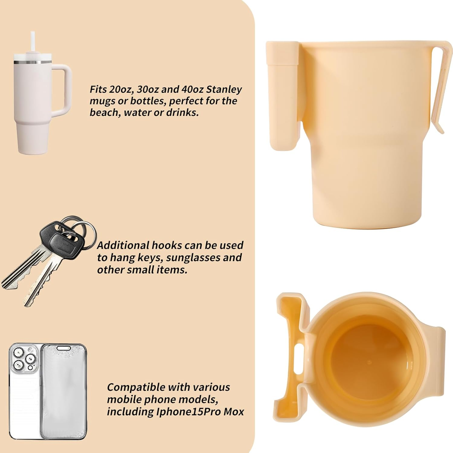 2 in 1 Cup & Phone Holder for Bogg Bag, Beige Bag Accessories Compatible with Stanley 20Oz 30Oz 40Oz Cup or Bottle