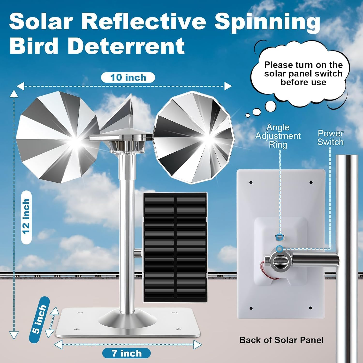 Solar & Wind Powered Bird Repellent Spinner - Reflective Deterrent for Woodpeckers, Pigeons, Sparrows | Eco-Friendly Outdoor Scare Device for Garden, Railing, Roof image number 1