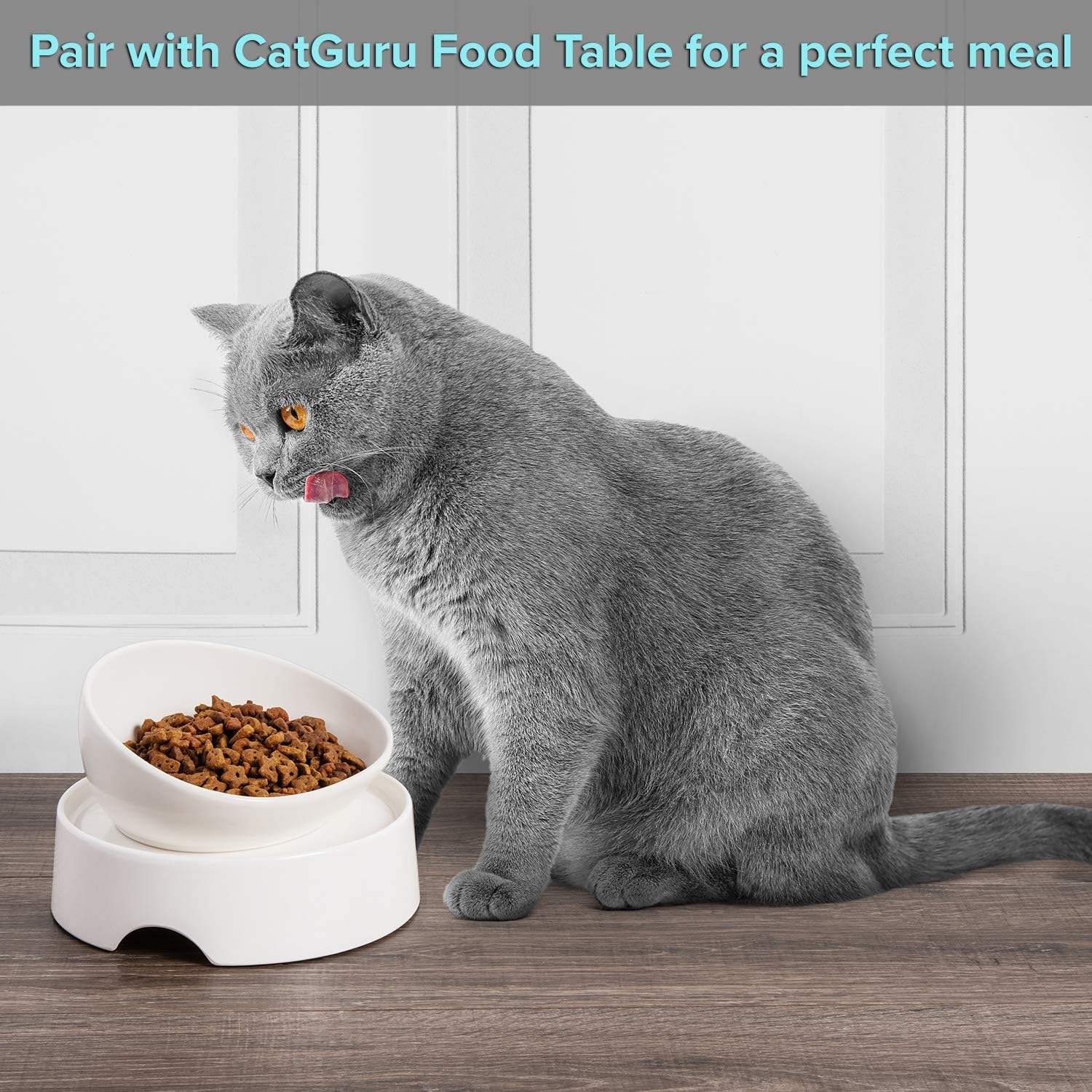 Catguru Cat Food Bowl, Ceramic Cat Bowls, No Spill Cat Bowl, Whisker Stress Free Cat Food Bowls, Non Skid Cat Bowls for Food and Water, Includes Silicone Non-Slip Mat (High-Low, White) image number 2