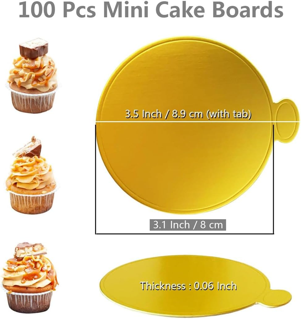 Idopick Mini Cake Boards, 100 Pcs Gold Cake Boards Food-Graded Cake Base, Disposable Circle Base 3.15 Inch round Paper Cupcake Dessert Displays Tray for Cake DIY image number 2