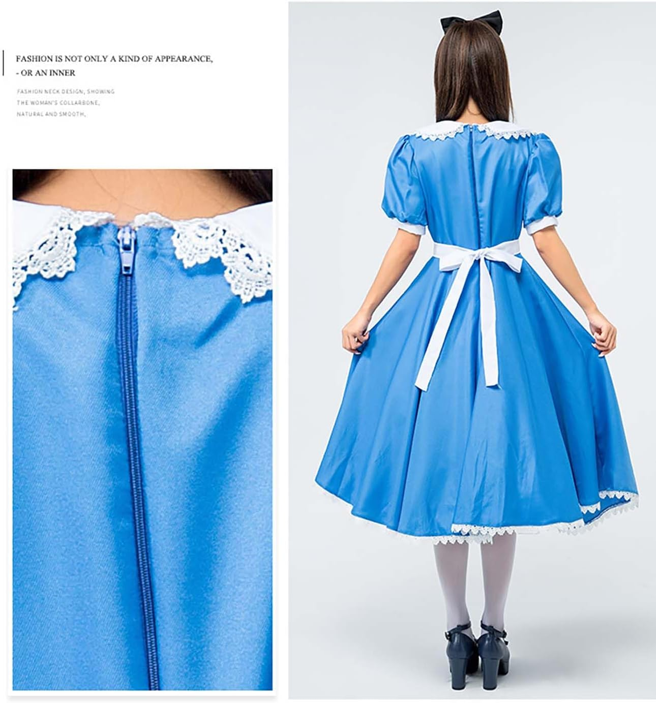 Alice Costume for Adults Halloween Women Cosplay Blue White Princess Dress with Bow Headband image number 4