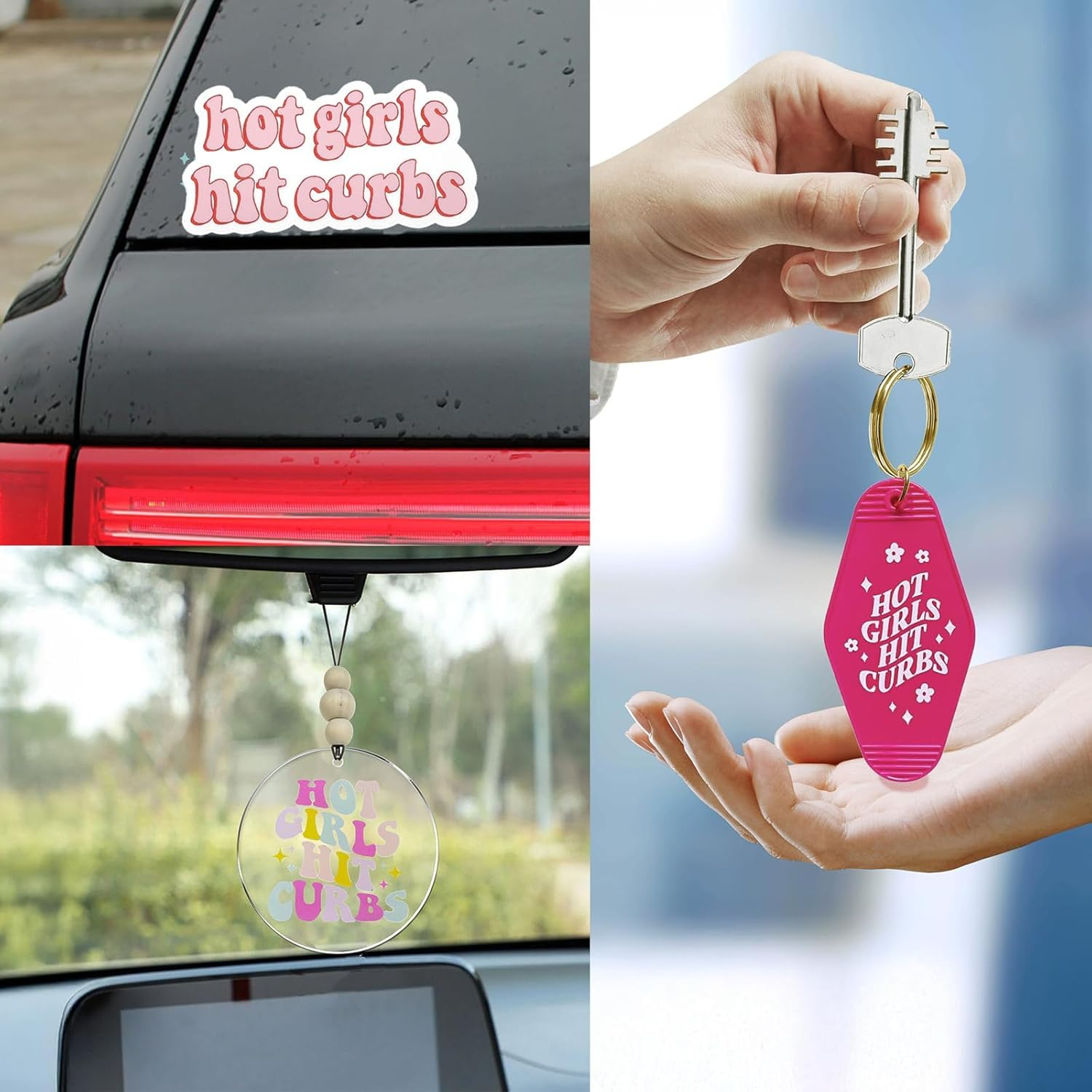 3PCS Hot Girls Hit Curbs Car Sticker & Quote Beaded Rear View Mirror and Pink Keychain, Cute Car Accessories for Genz Ladies Driver, Stickers Fit for Cars and Laptops image number 3