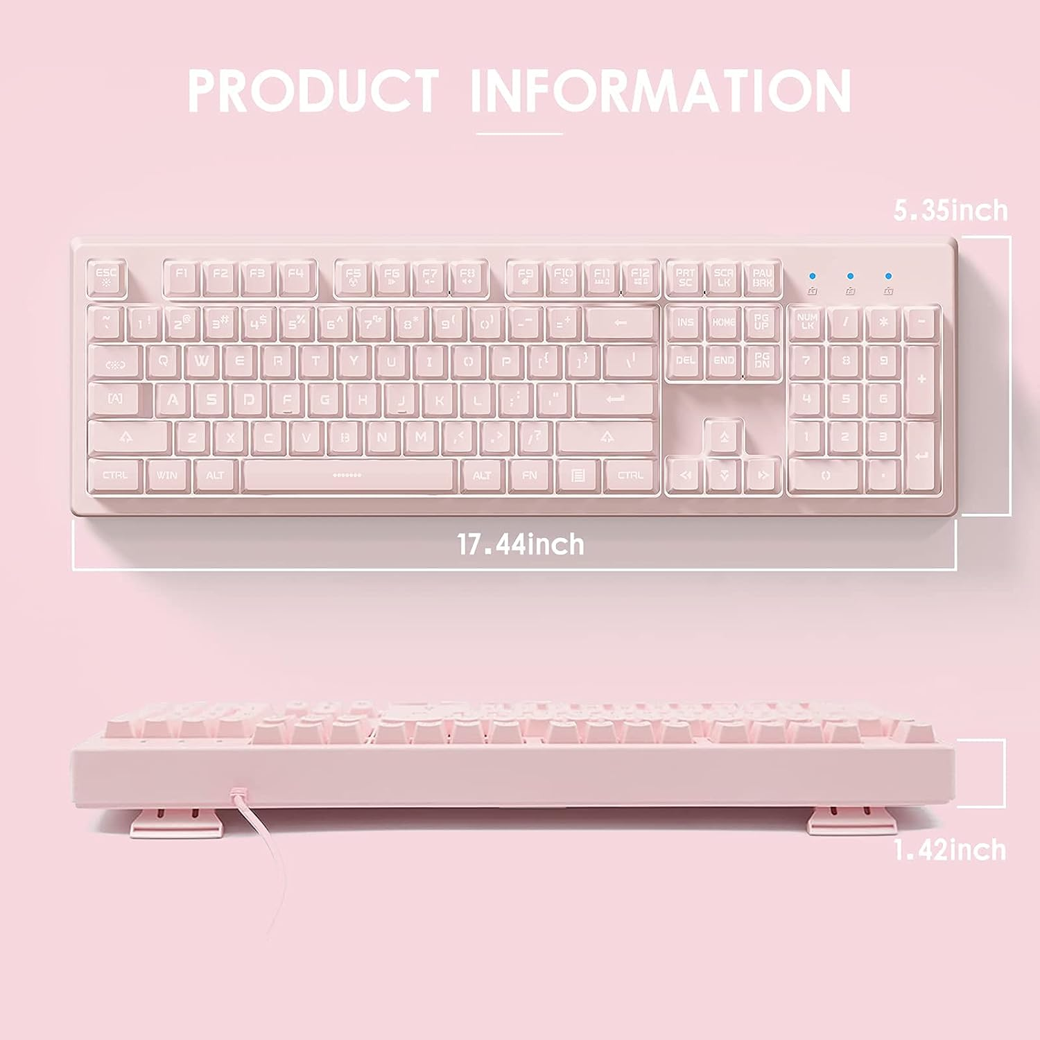 Basaltech Pink Keyboard with 7-Color LED Backlit, 104 Keys Quiet Silent Light up Keyboard, 19-Key Anti-Ghosting Cheap Gaming Keyboard Mechanical Feeling Waterproof Wired USB for Computer, Mac, Laptop - Blue image number 2