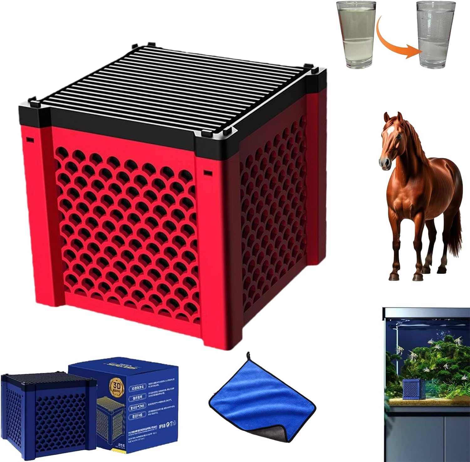 Pure Cube Water Trough Filter 2.0, Eco-Aquarium Water Trough Purifier Cube, Filternatur Activated Carbon Filter Media for Horse Troughs, Livestock Tanks, Fish Ponds & Aquatic Tanks (2Pcs-Red)