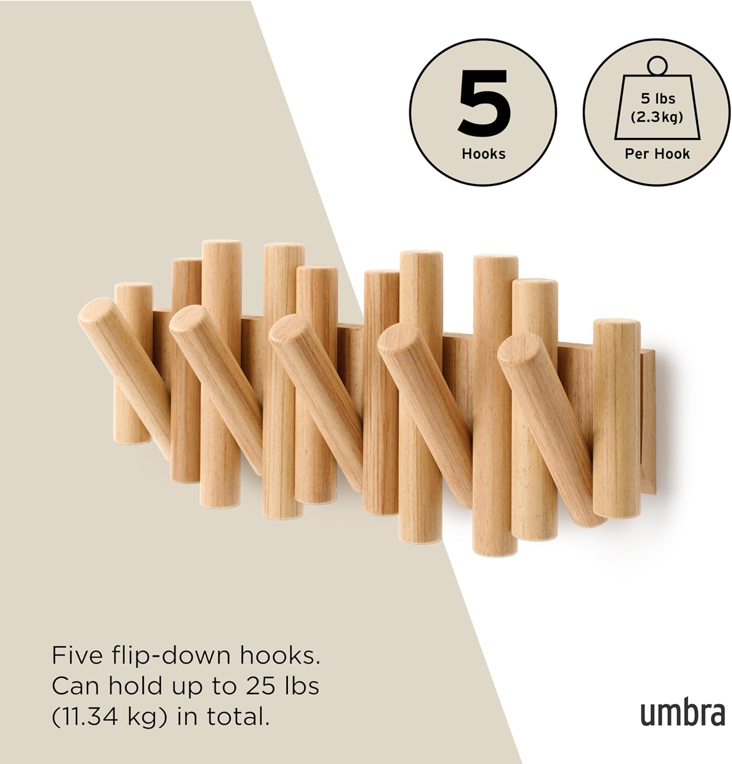 Umbra, Natural Picket 5 Hooks, Wall-Mounted Rail, Doubles as Art, Beveled Pine Wood Dowels, Finish, 14.9 X 6.6 X 1.6 - Natural image number 4