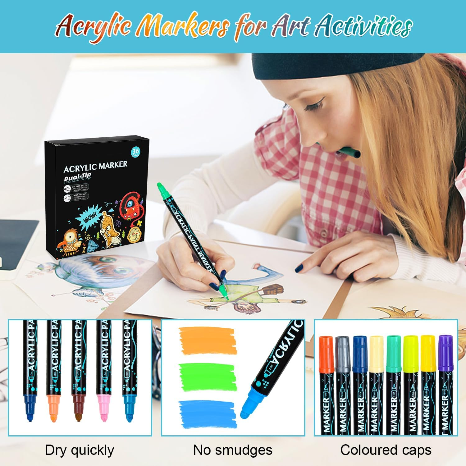 Moomoo Baby 36 Colors Acrylic Paint Pens, Dual Tip Pens with Dot Tip and Fine Tip, Paint Markers for Rock Painting, Ceramic, Wood, Calligraphy, Scrapbooking, Card Making, DIY Crafts, Kids Gift image number 5