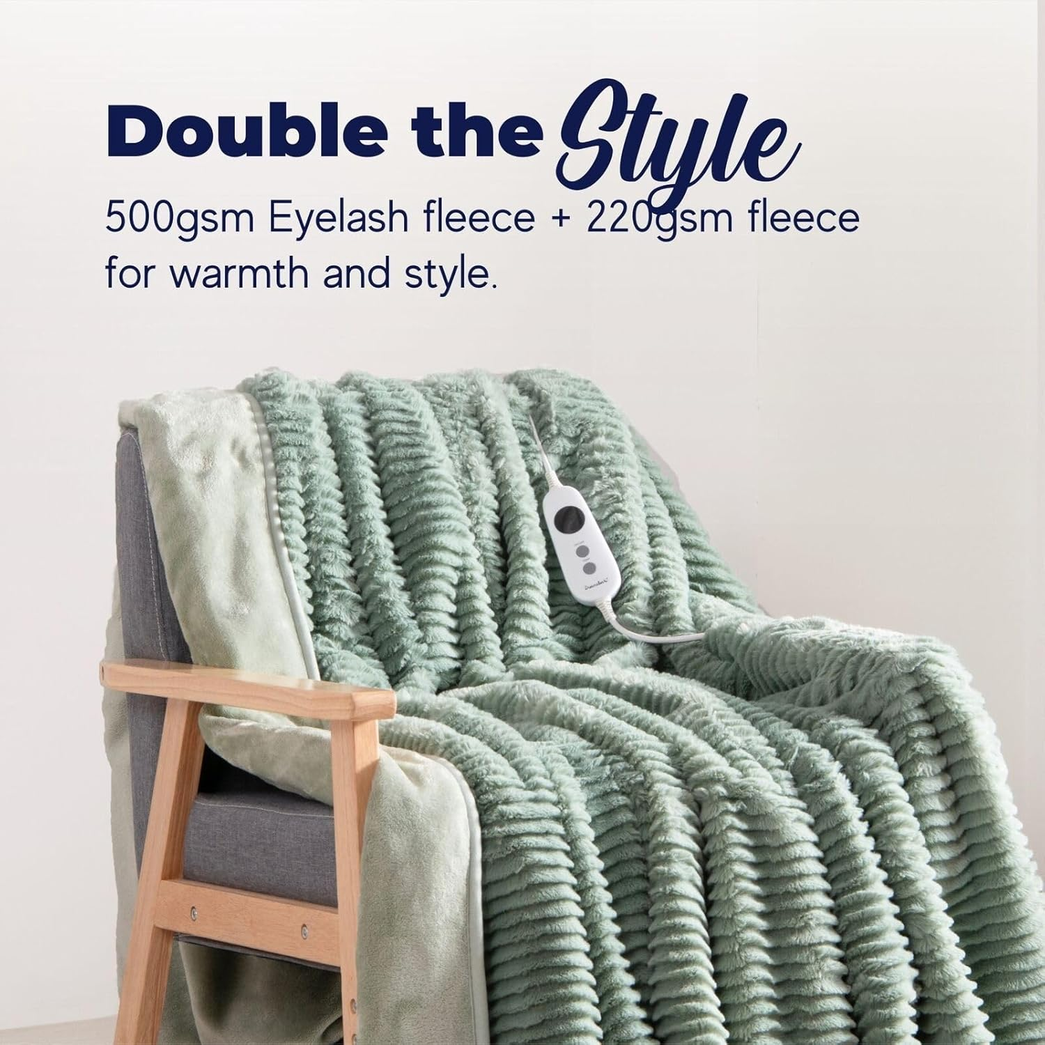 Dreamaker Eyelash Long Ribbed Fleece Electric Heated Throw Blanket 160X130Cm Warm Reversible Rug Energy Efficient Overheat Protection 9 Heat Settings Extra Long Cord Controller- Faded Green & Sage image number 4