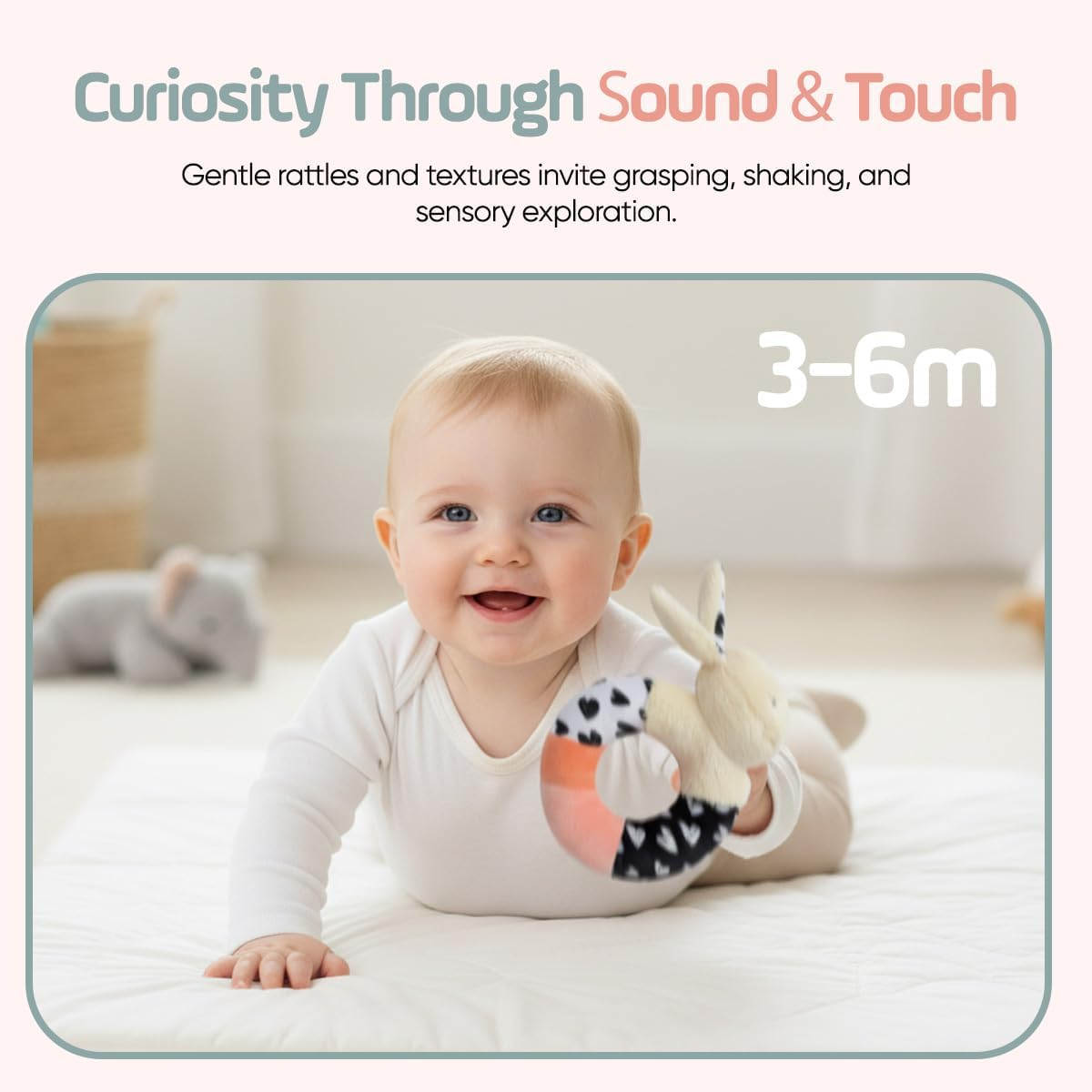 Bella Bunny Sensory Rattle Set &ndash; High Contrast Baby Toys for Newborns (0&ndash;6 Months), Soft Plush Bunny Rattle & Squeaker Gift Set for Tummy Time, Montessori & Soft Play Development image number 6