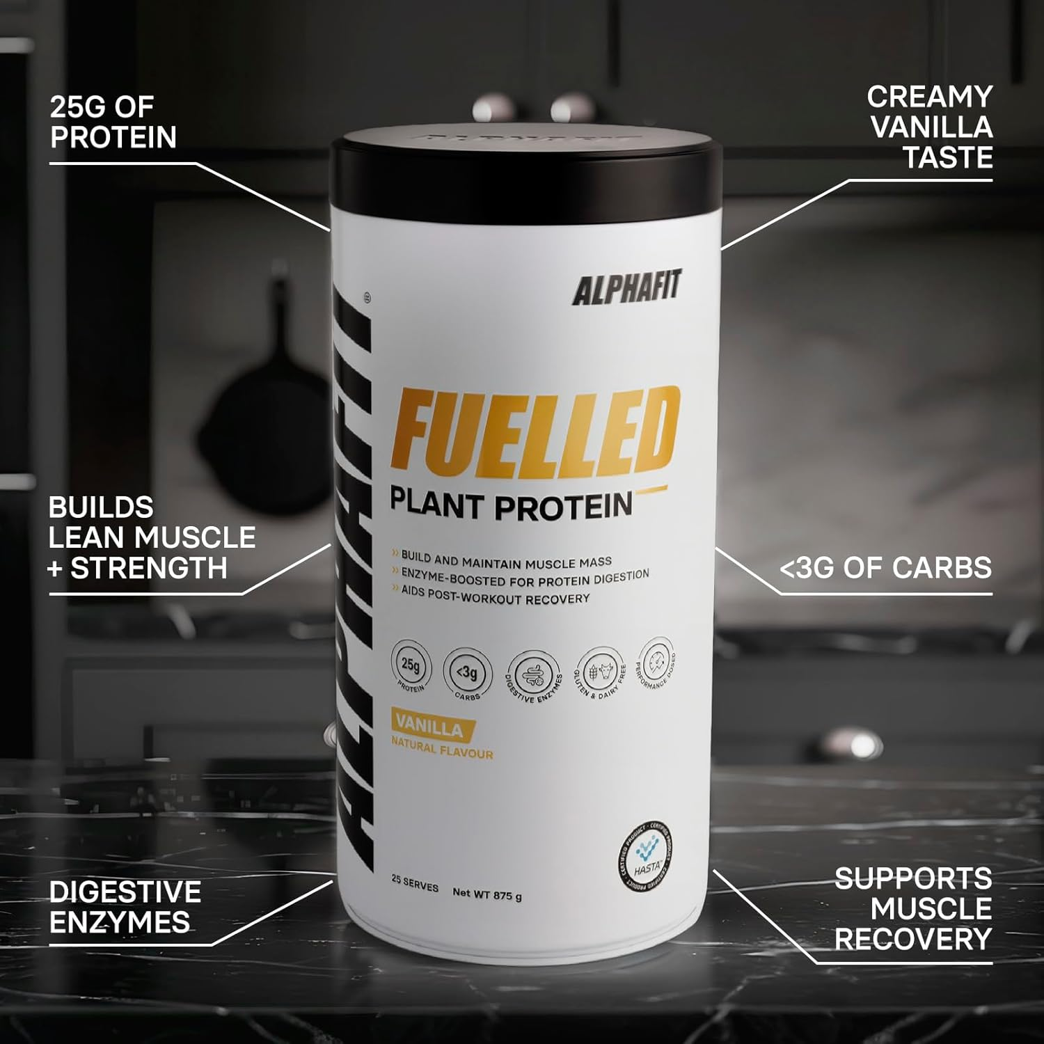 ALPHAFIT Fuelled Plant Protein Vanilla, Vegan Pea Protein with Digestive Enzymes, Natural & Dairy Free, HASTA Certified, 875G image number 1